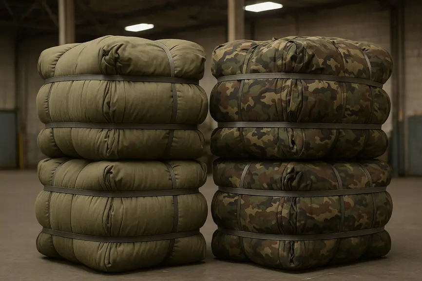 Mid-range view of tightly packed bales of used military apparel inside an organized wholesale warehouse in Italy.