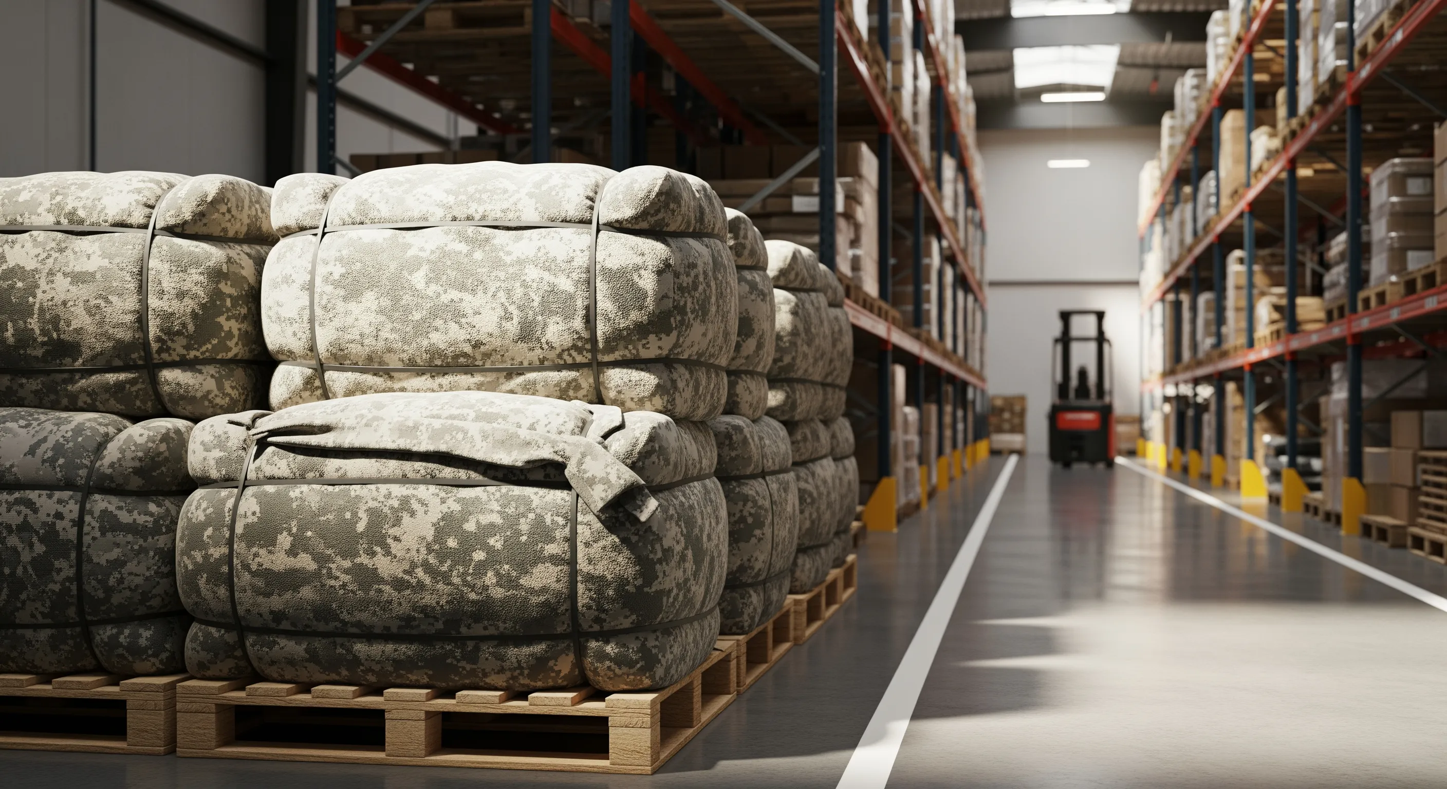 Mid shot of tightly packed bales of wholesale military clothing stacked on pallets inside a clean, well-lit warehouse