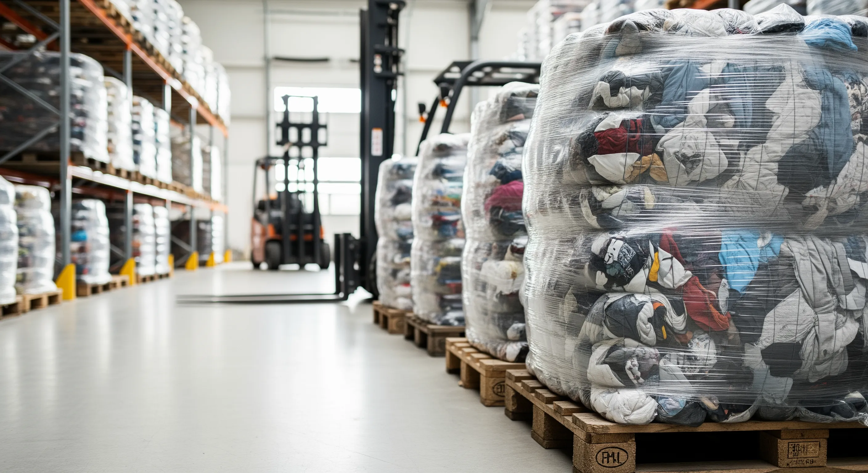 Mid-range view inside an organized warehouse showing compressed second-hand clothing bales wrapped and stacked for wholesale distribution