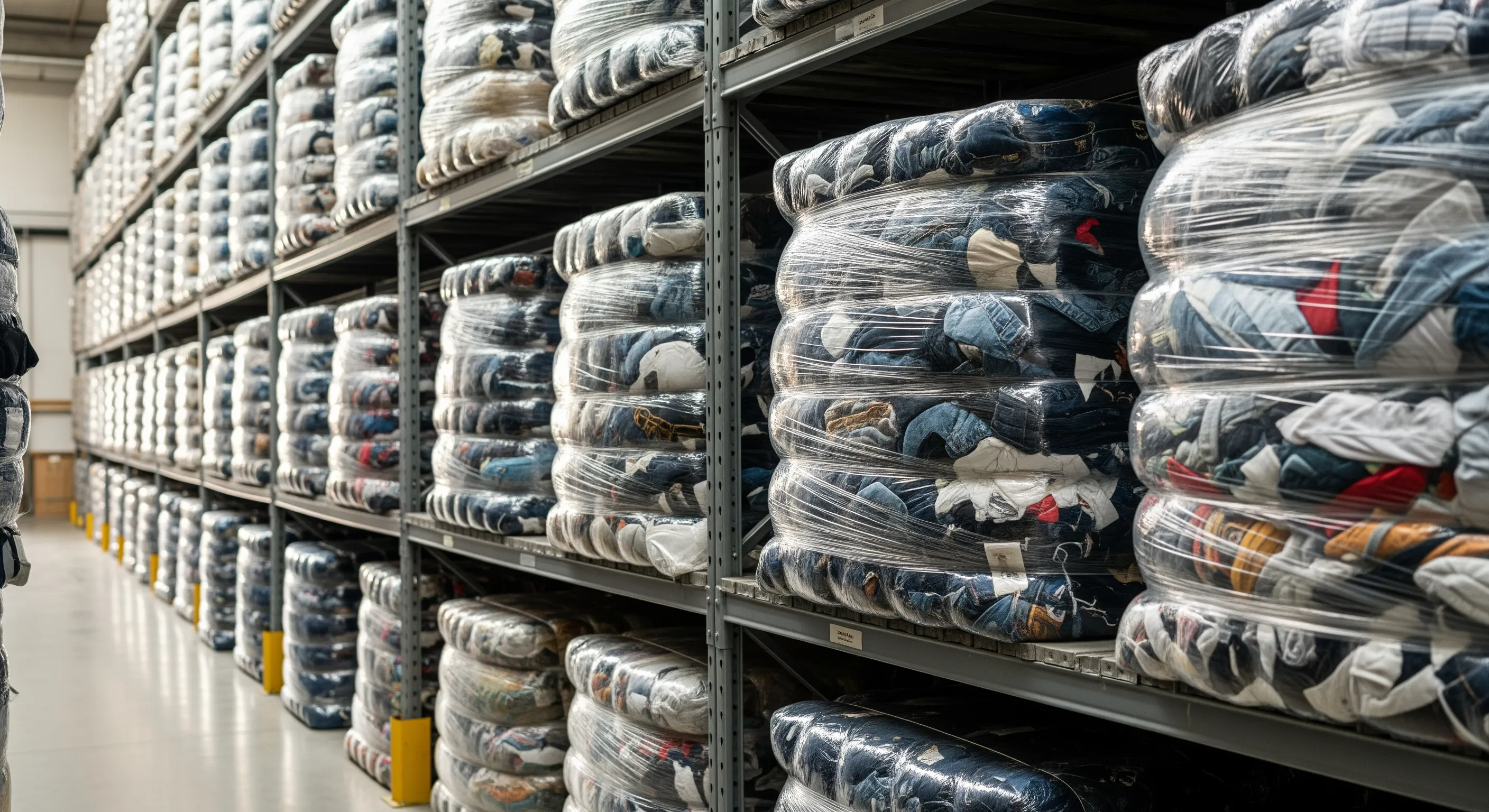 Aisle in a warehouse with rows of compacted bulk bundles of used clothing neatly organized on industrial shelves