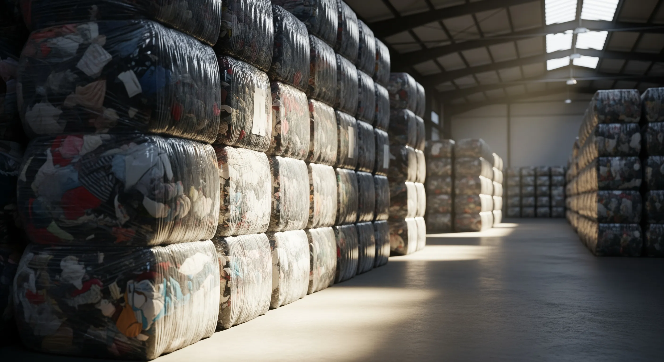 Mid-level view of neatly arranged bales of used apparel inside a spacious industrial warehouse in Italy