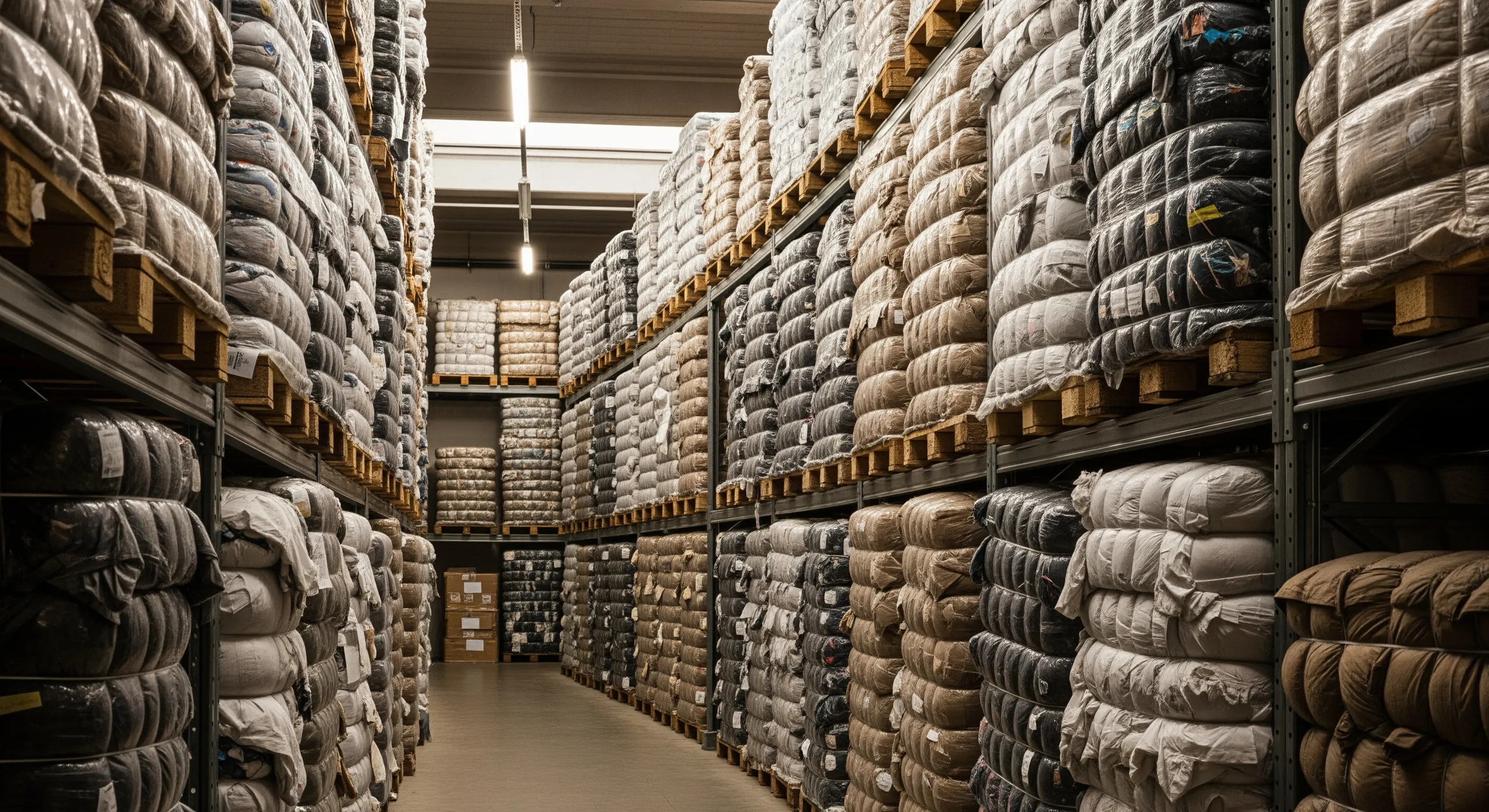 Rows of neatly stacked bales of second-hand clothing in a clean Italian warehouse with industrial shelving