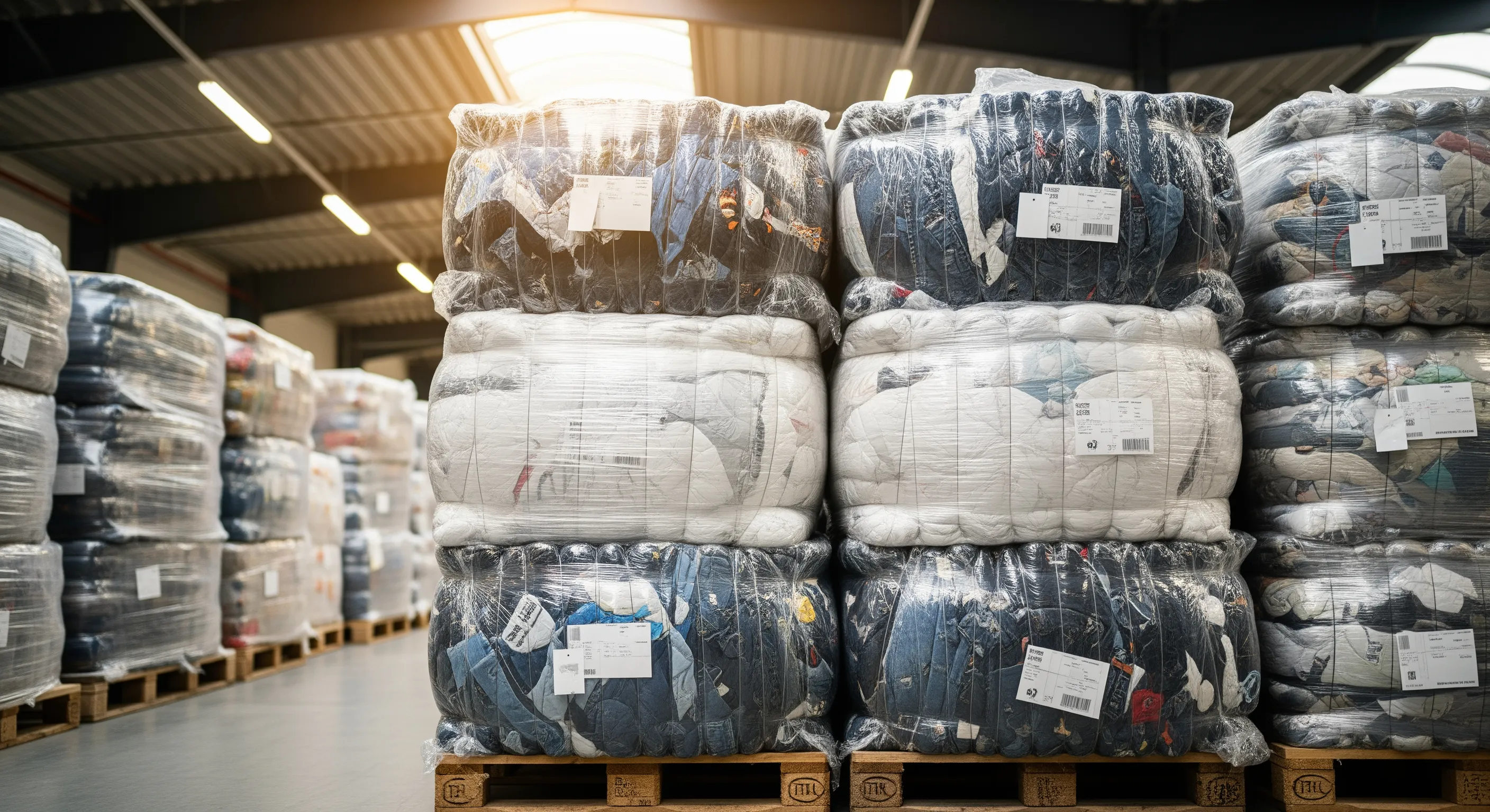 Mid-level shot showing several wrapped bales of used apparel stacked orderly on pallets in a bright warehouse aisle.