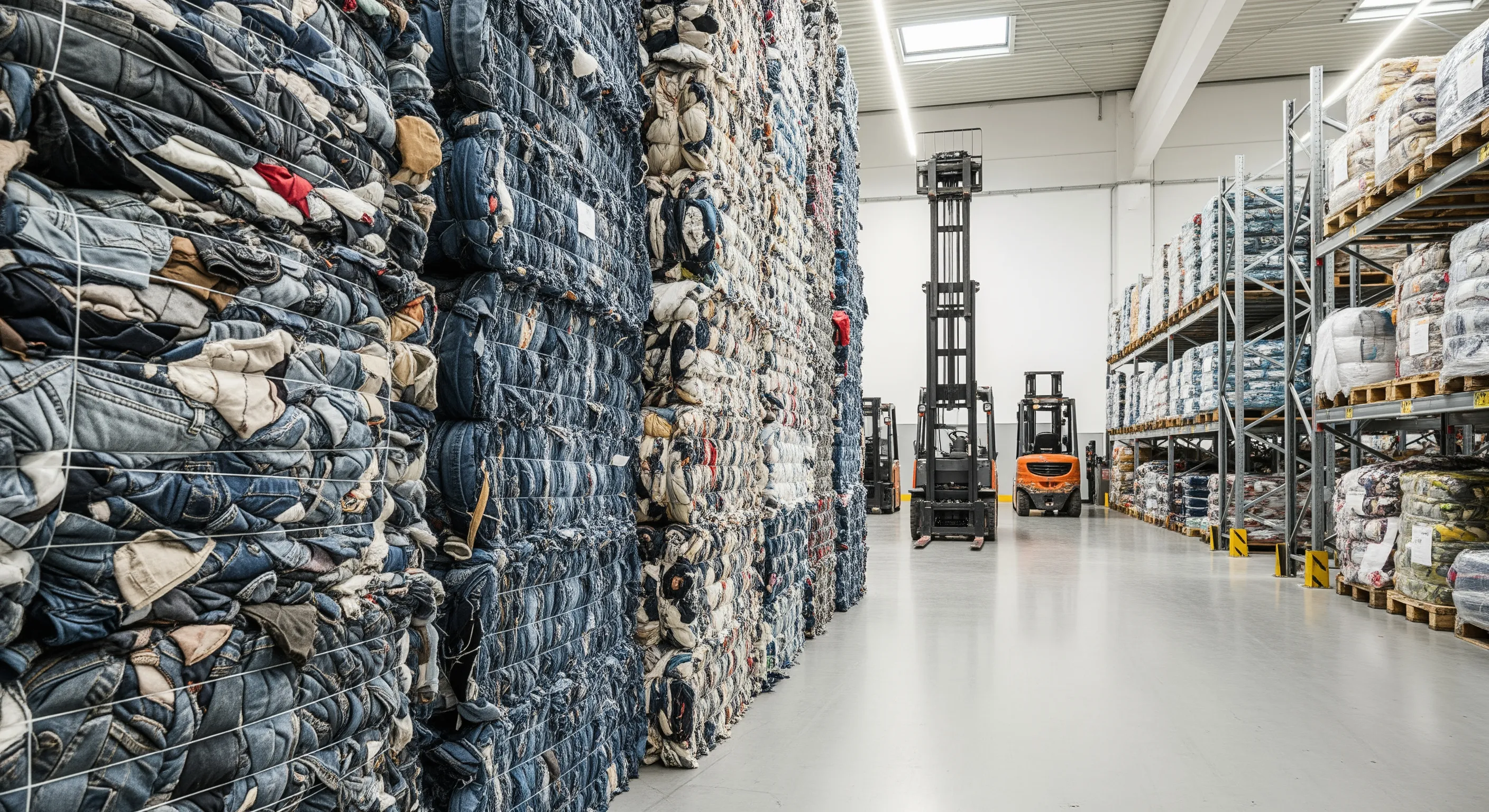 Aisle inside a clean industrial warehouse with stacks of compressed bales of used clothing organized for wholesale export
