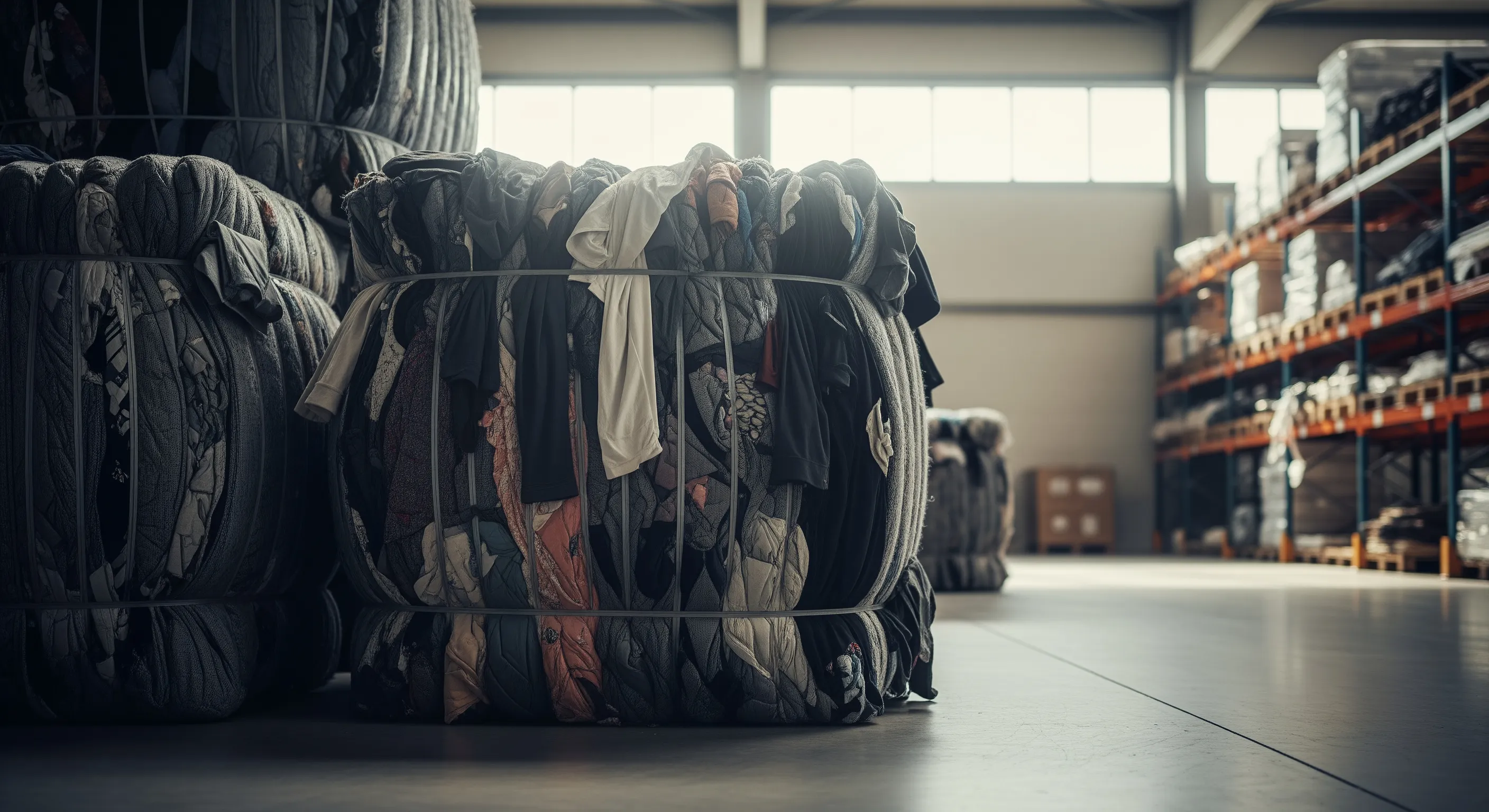 Low angle mid-shot of several large bales of second-hand clothing tightly wrapped and stacked inside a clean warehouse