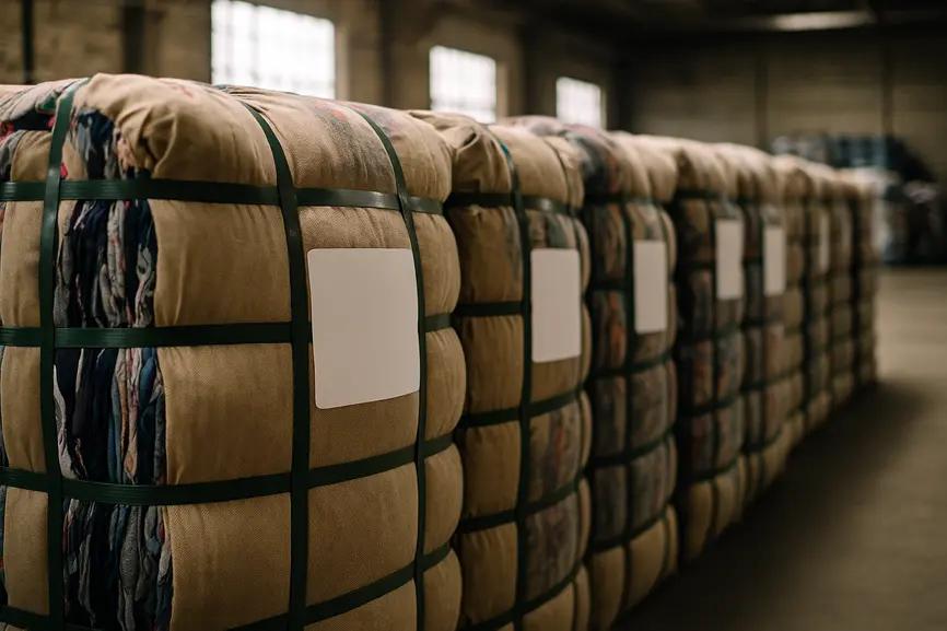 Side view of neatly wrapped bales of second-hand clothing stored in an Italian warehouse for wholesale trade