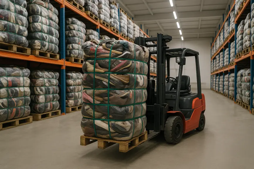Forklift moving a large bale of second hand shoes in a well-lit warehouse environment.