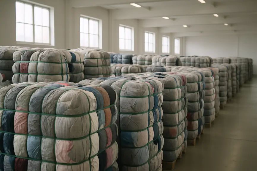 Rows of large compressed bales of second-hand clothing in a bright sorting area of a wholesale warehouse.