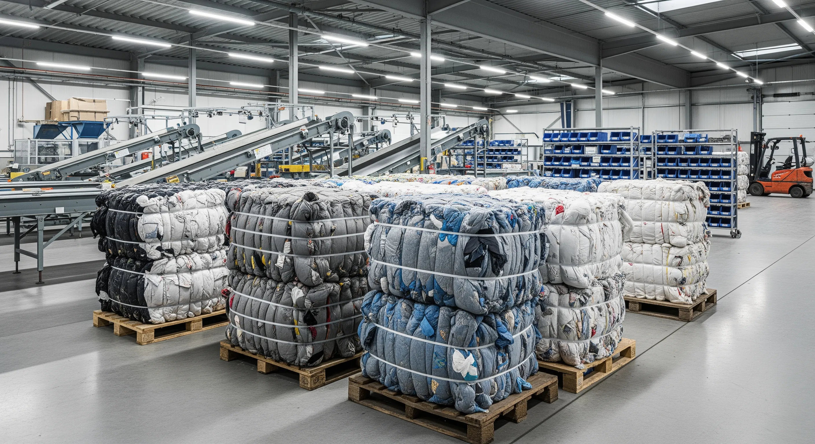 Mid-distance shot of several compressed bales of second-hand clothing on pallets inside a clean warehouse environment.