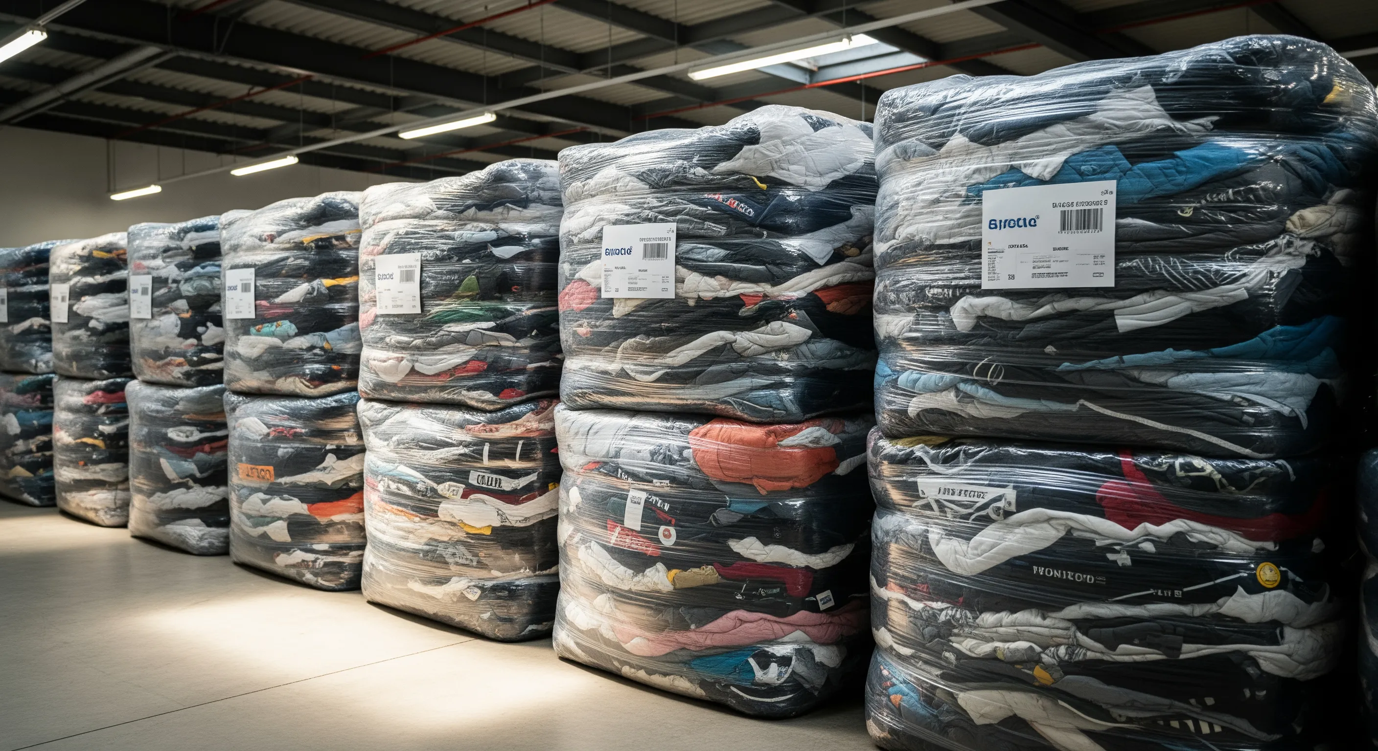 Rows of tightly wrapped bales filled with assorted branded second hand clothes in a clean industrial warehouse setting.