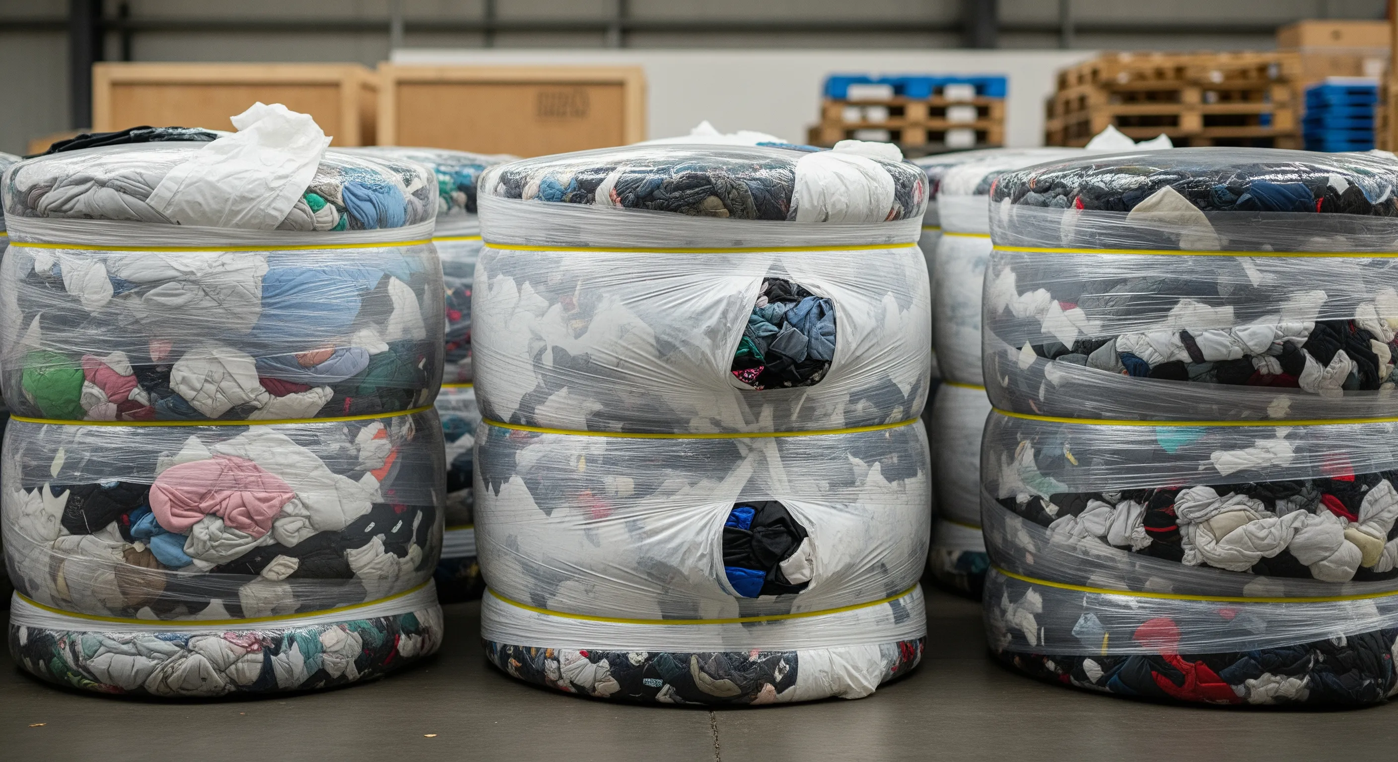Mid-shot of tall secured bales of used clothing on warehouse pallets with export crates in the background, representing bulk clothing suppliers.