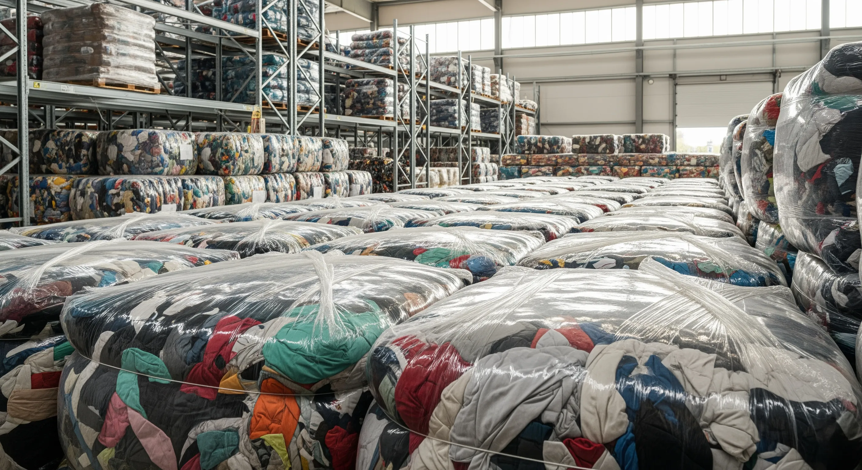 Rows of colorful, human-height bales of recycled used clothing stacked inside a clean warehouse, emphasizing wholesale scale
