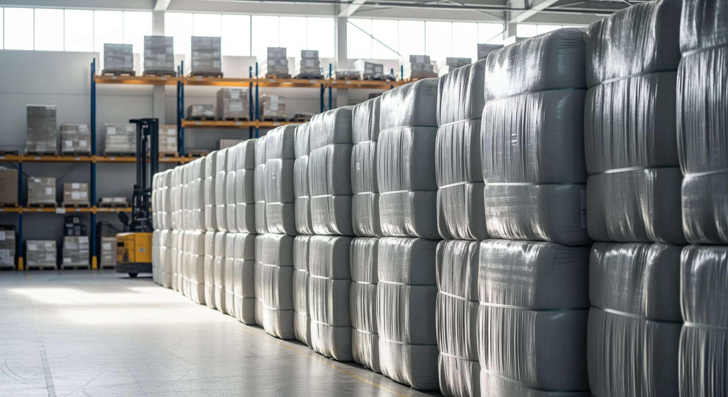 Rows of large tightly wrapped bales of second hand clothing stored inside a bright logistics warehouse, highlighting bulk wholesale stock