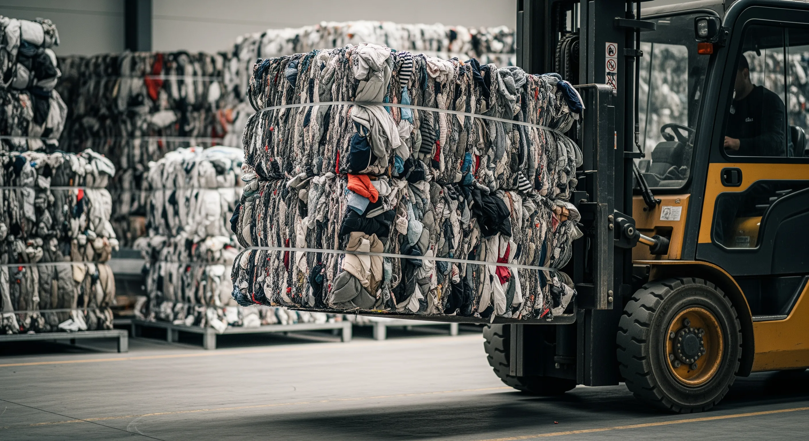 Forklift lifting a large bale of compressed second hand clothing in a bright wholesale warehouse.