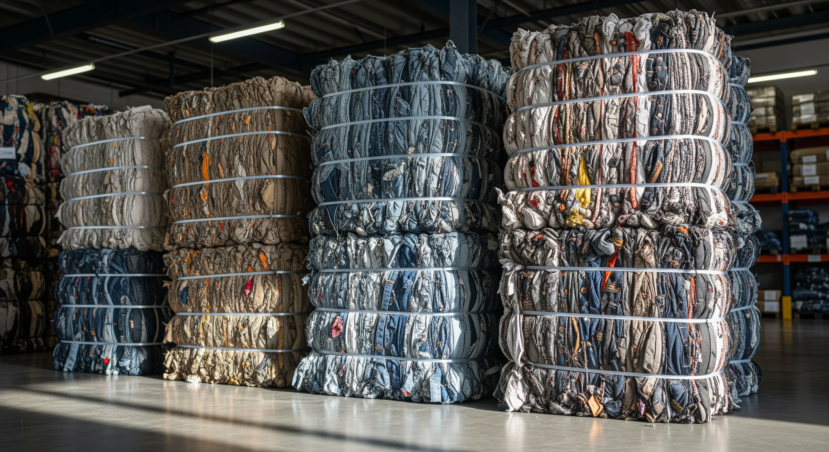 Close view of big bales of tightly packed second-hand clothing in a clean, organized warehouse with natural lighting and sharp focus.