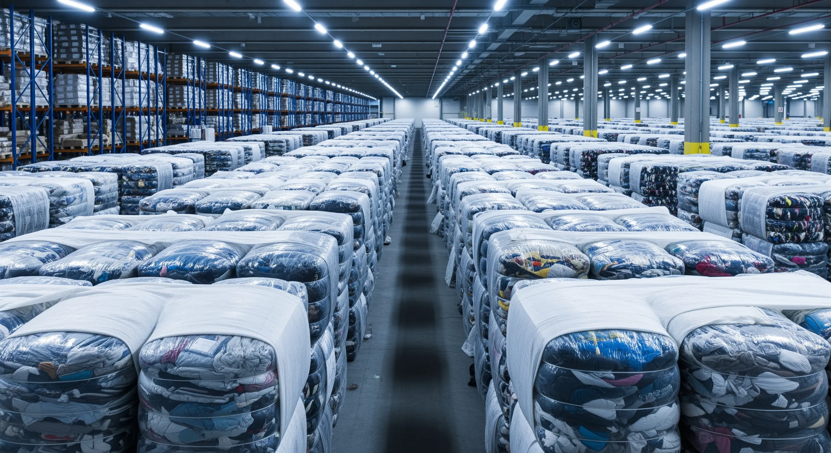 Rows of wrapped bales of wholesale second hand clothing inside a well-lit European warehouse