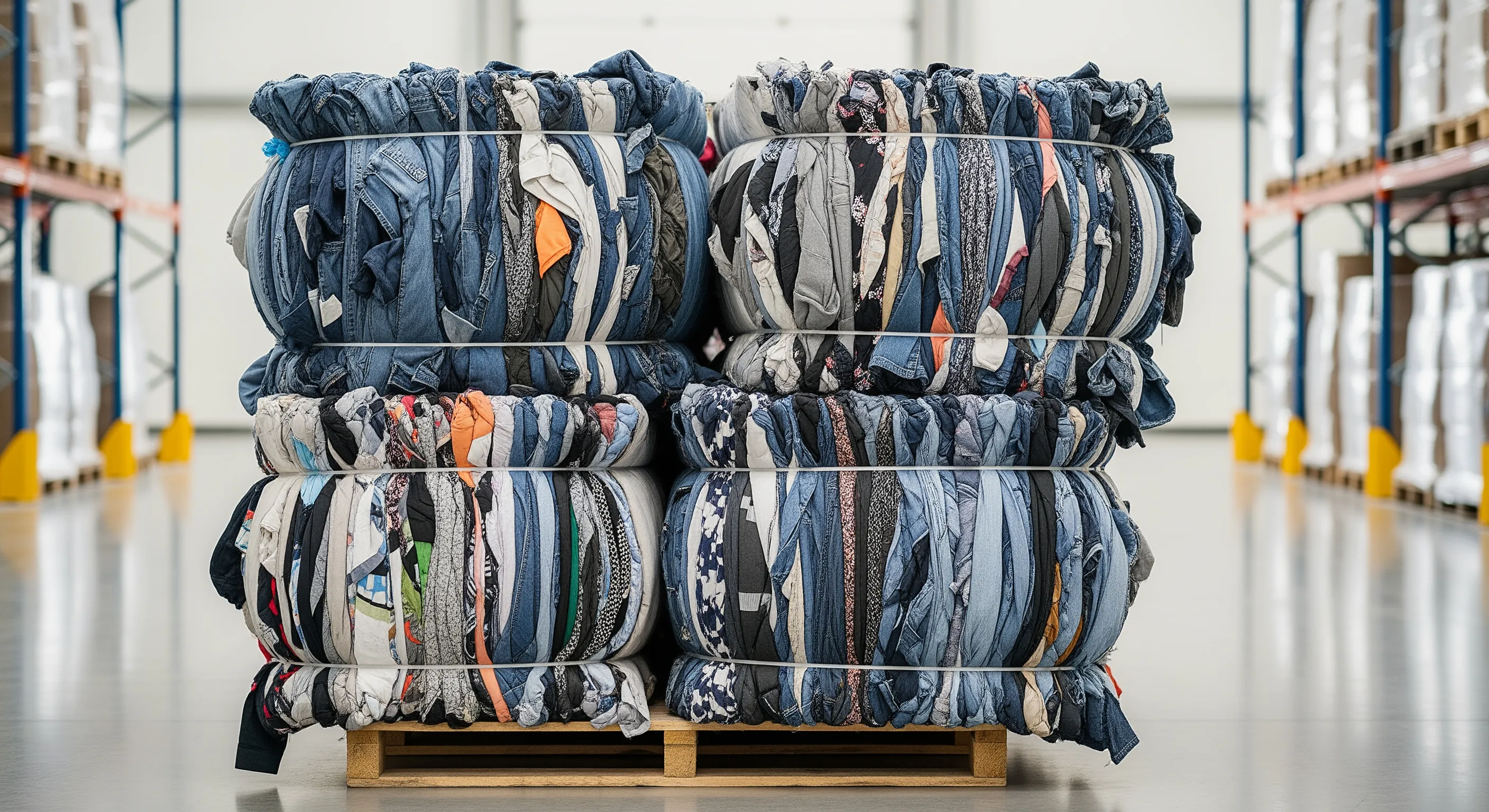 Mid-range view of tightly packed bales of used clothing arranged in orderly rows inside a wholesale warehouse