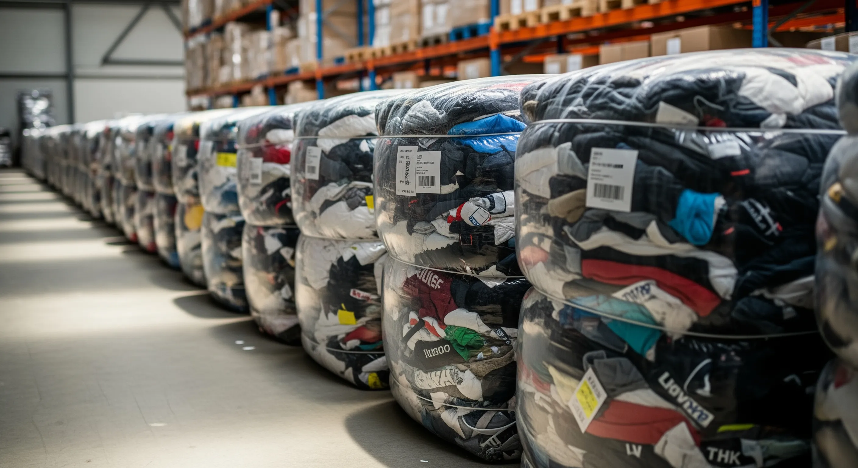 Row of compressed bales of second-hand clothing in a warehouse sorting area for bulk wholesale