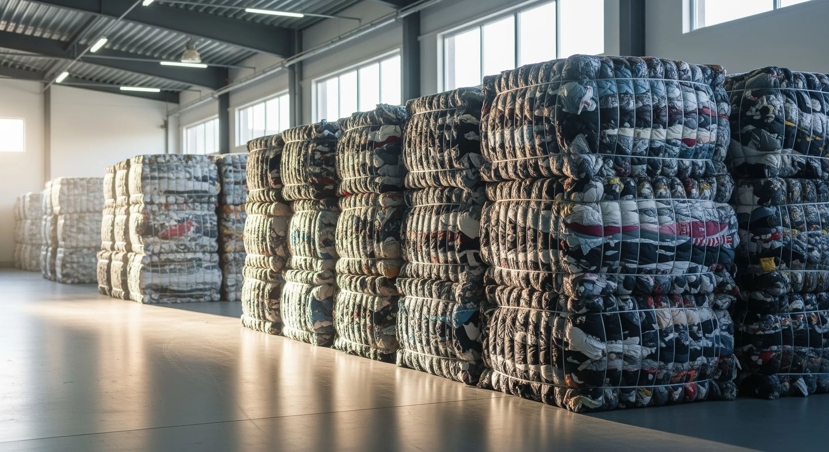 Rows of human-height bales packed with used clothing inside a clean wholesale warehouse in Italy