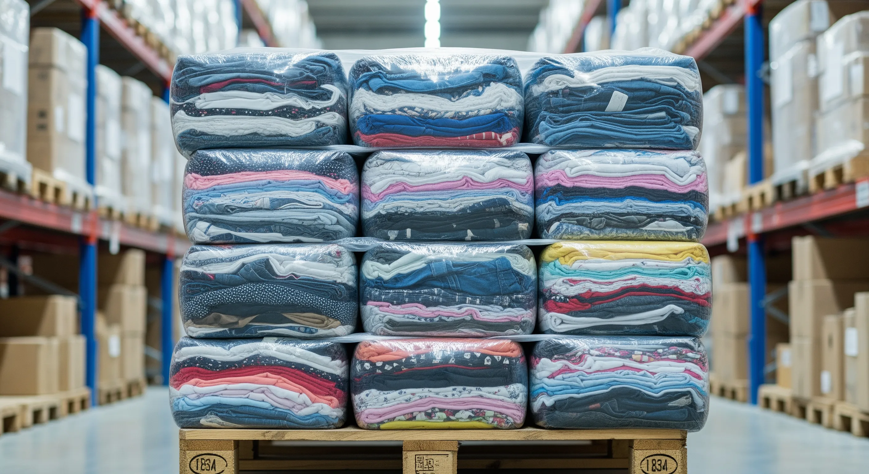 Mid-range photo of stacked pallets with wrapped bundles of bulk second-hand clothing inside a well-lit logistics warehouse