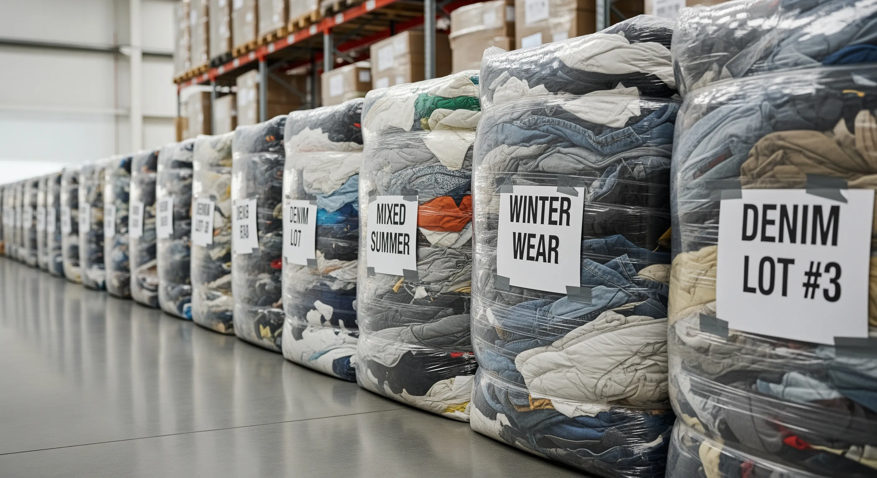Neatly arranged rows of tightly wrapped used clothing bales inside a spacious warehouse for bulk wholesale near me