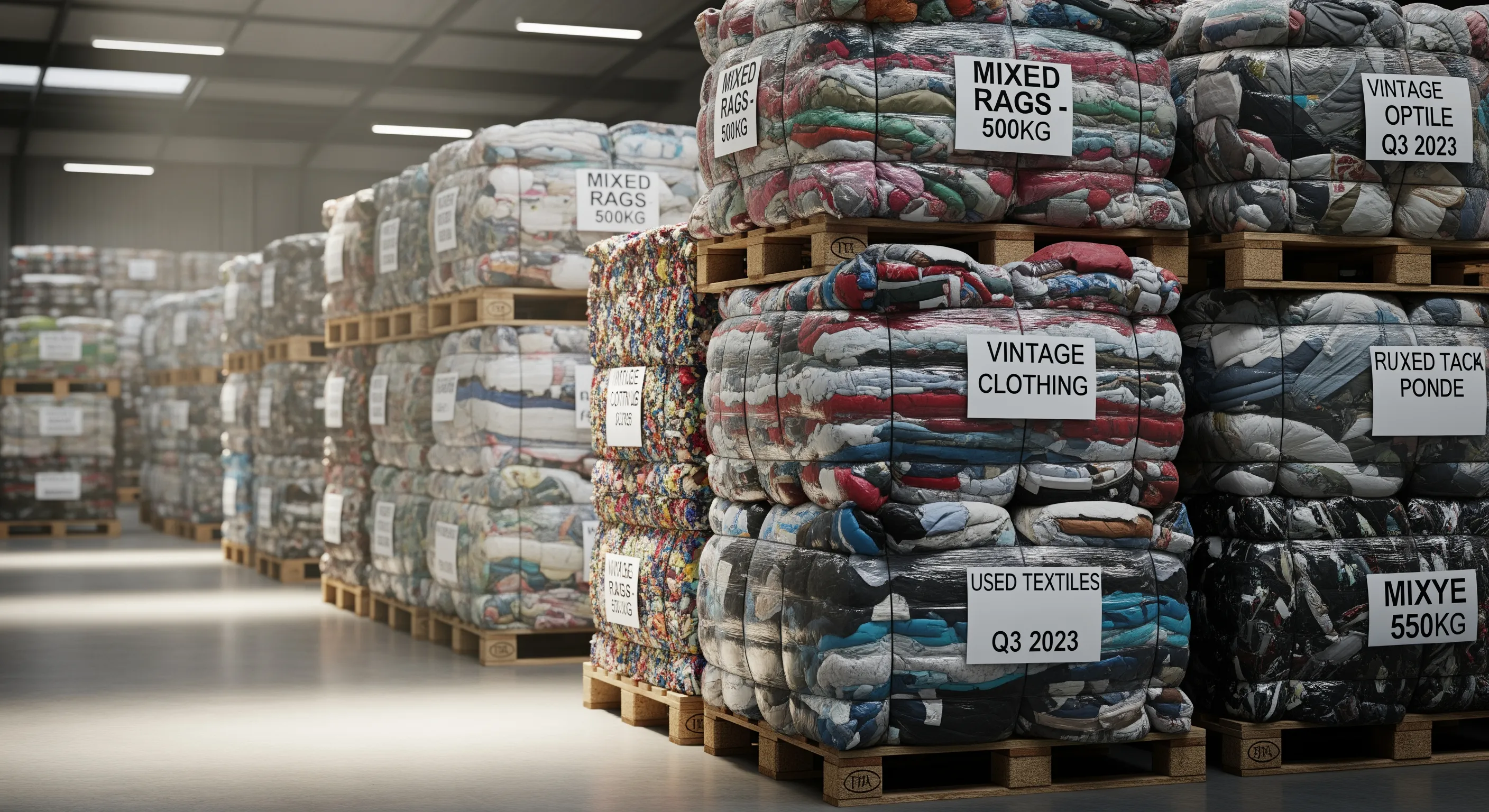 Close mid-view of compressed bales of assorted used clothing tightly packed and wrapped, ready for bulk wholesale shipping