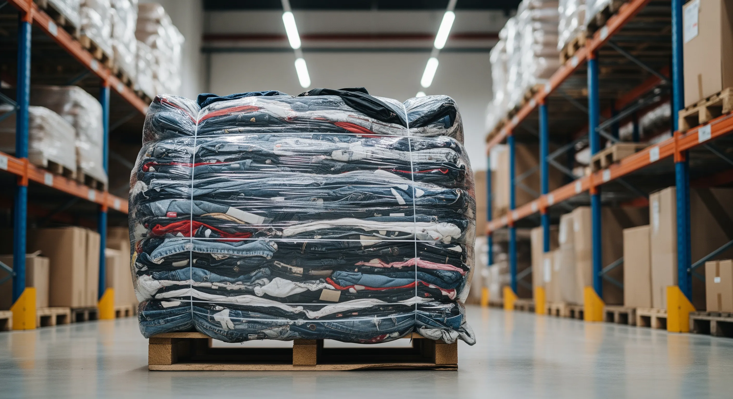 Single large bale of second-hand clothing tightly packed and wrapped in a neat industrial warehouse setting