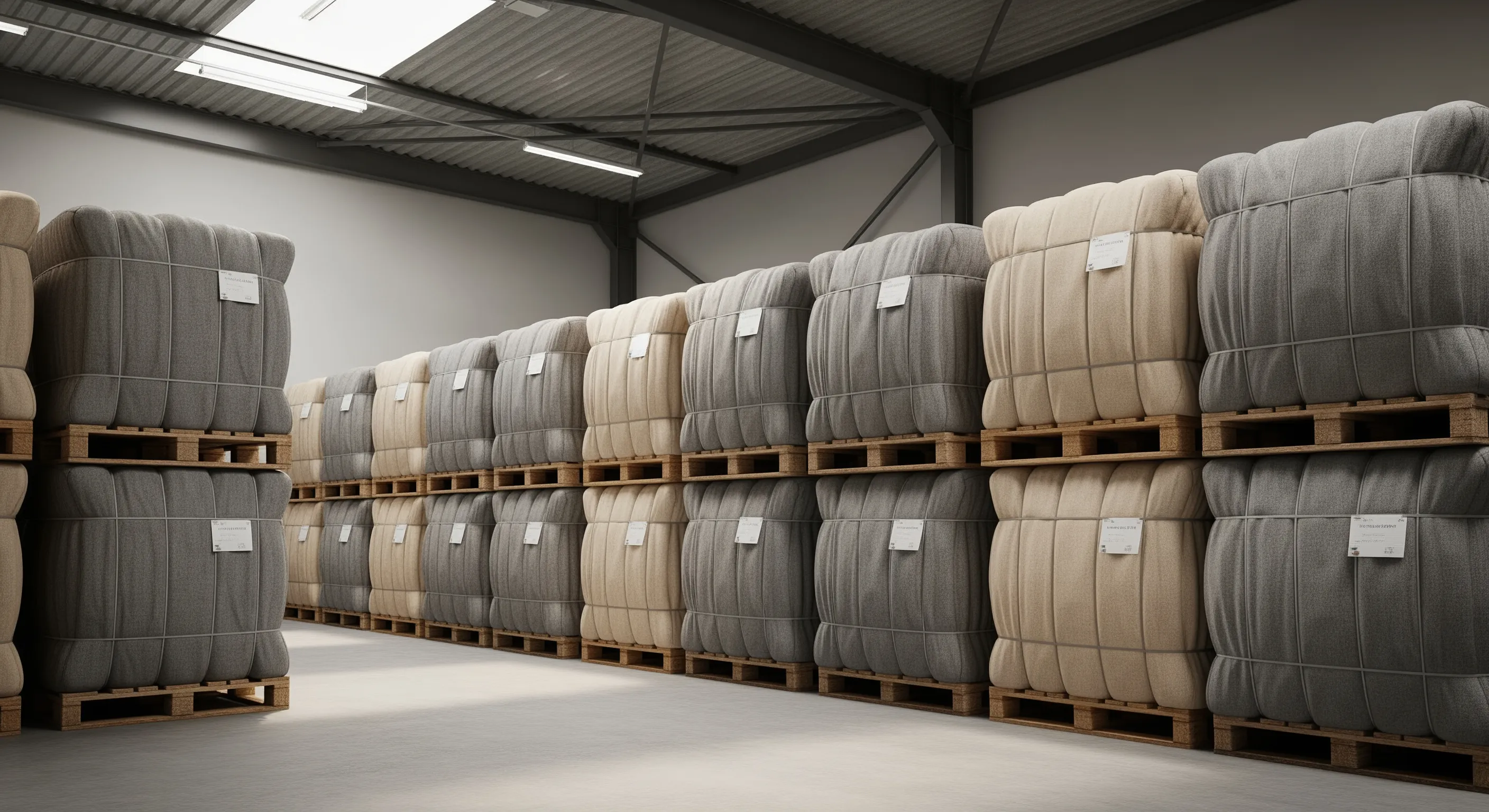 Mid-level view of neatly stacked neutral-wrapped clothing bales arranged in rows inside a clean warehouse