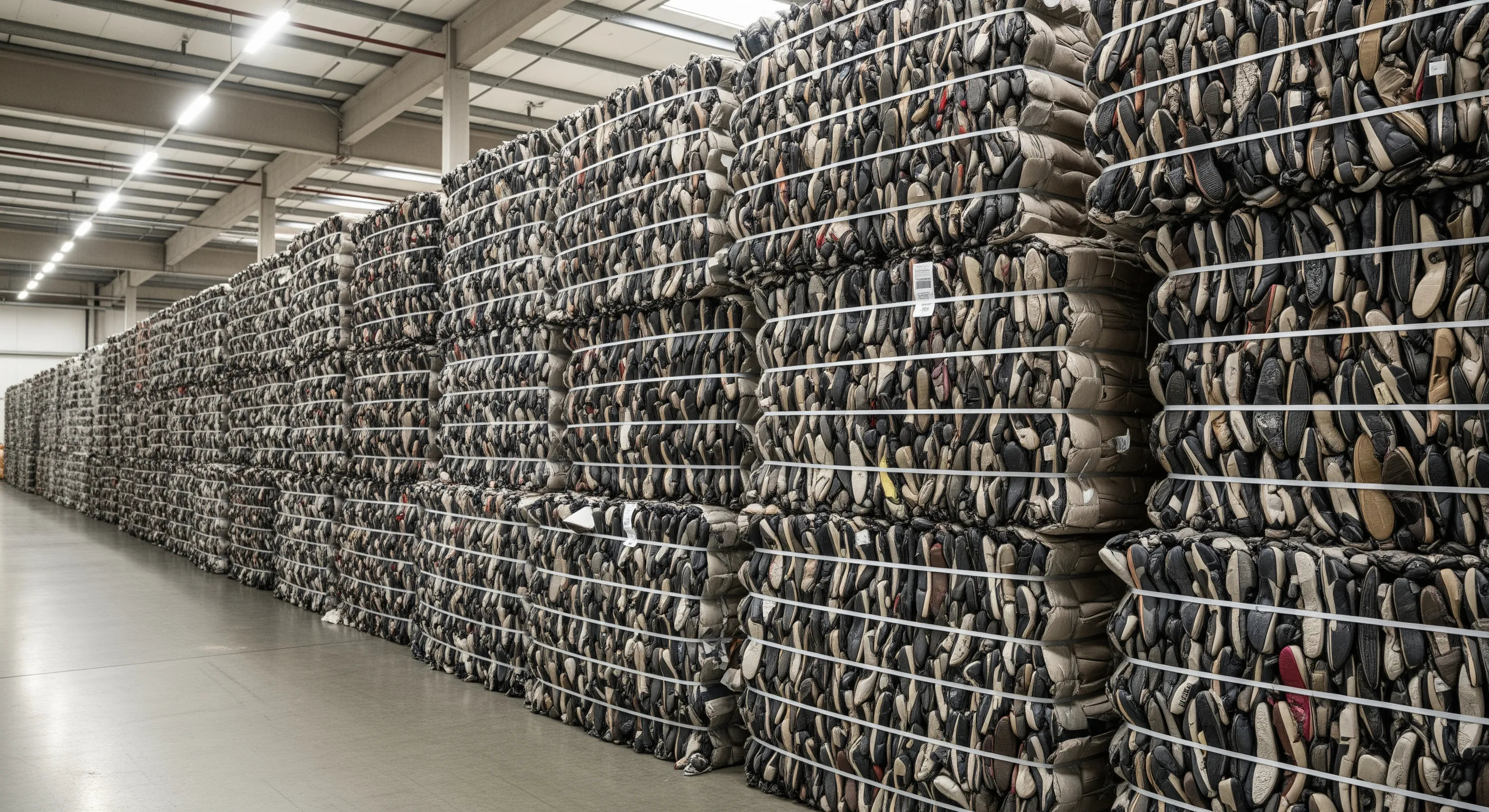 Aisle view of neatly stacked bales of second-hand shoes tightly bound and ready for bulk wholesale trade in a clean warehouse.