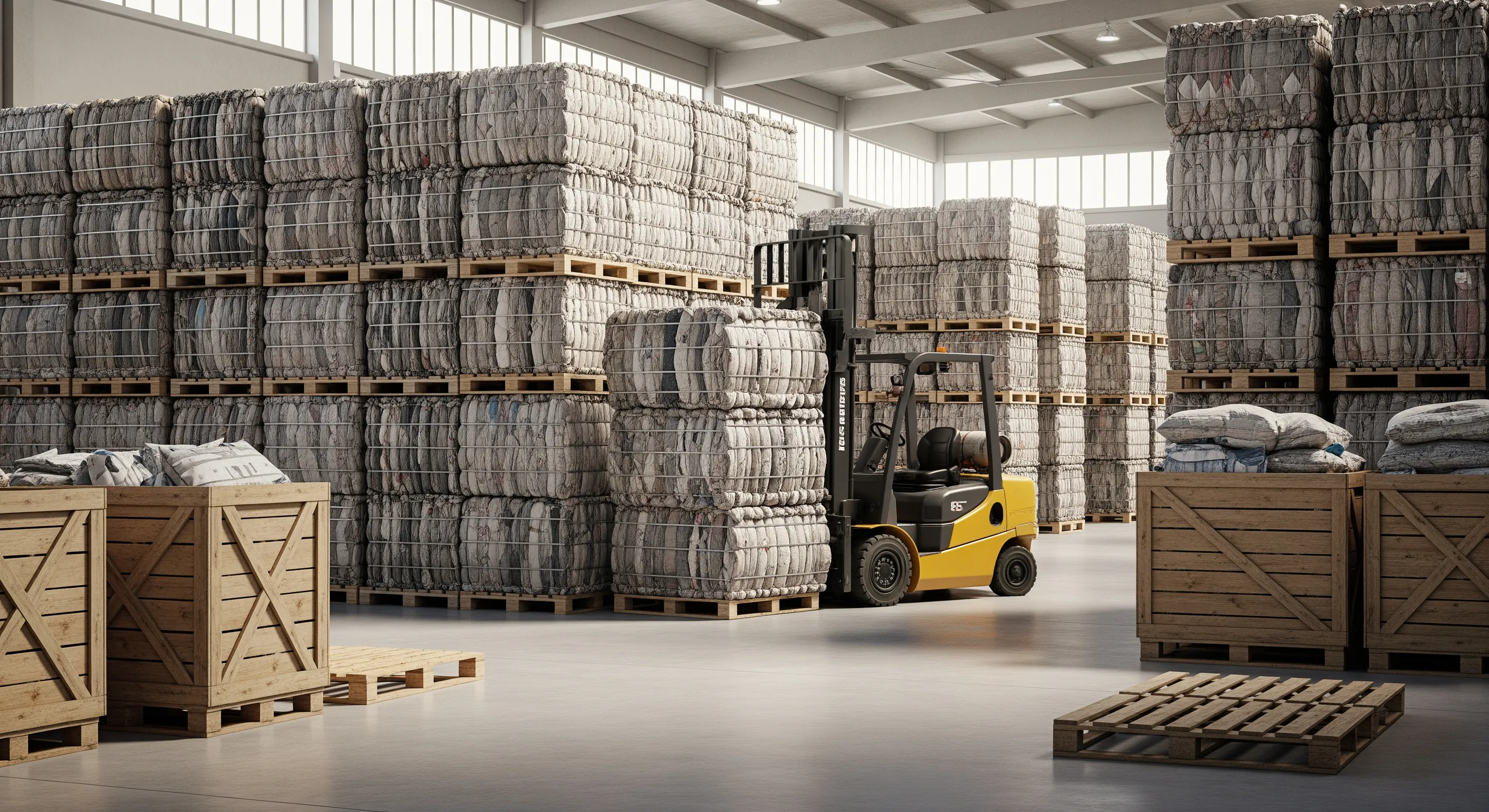 Forklift navigating between tall stacks of compressed used clothing bales in a clean wholesale warehouse environment