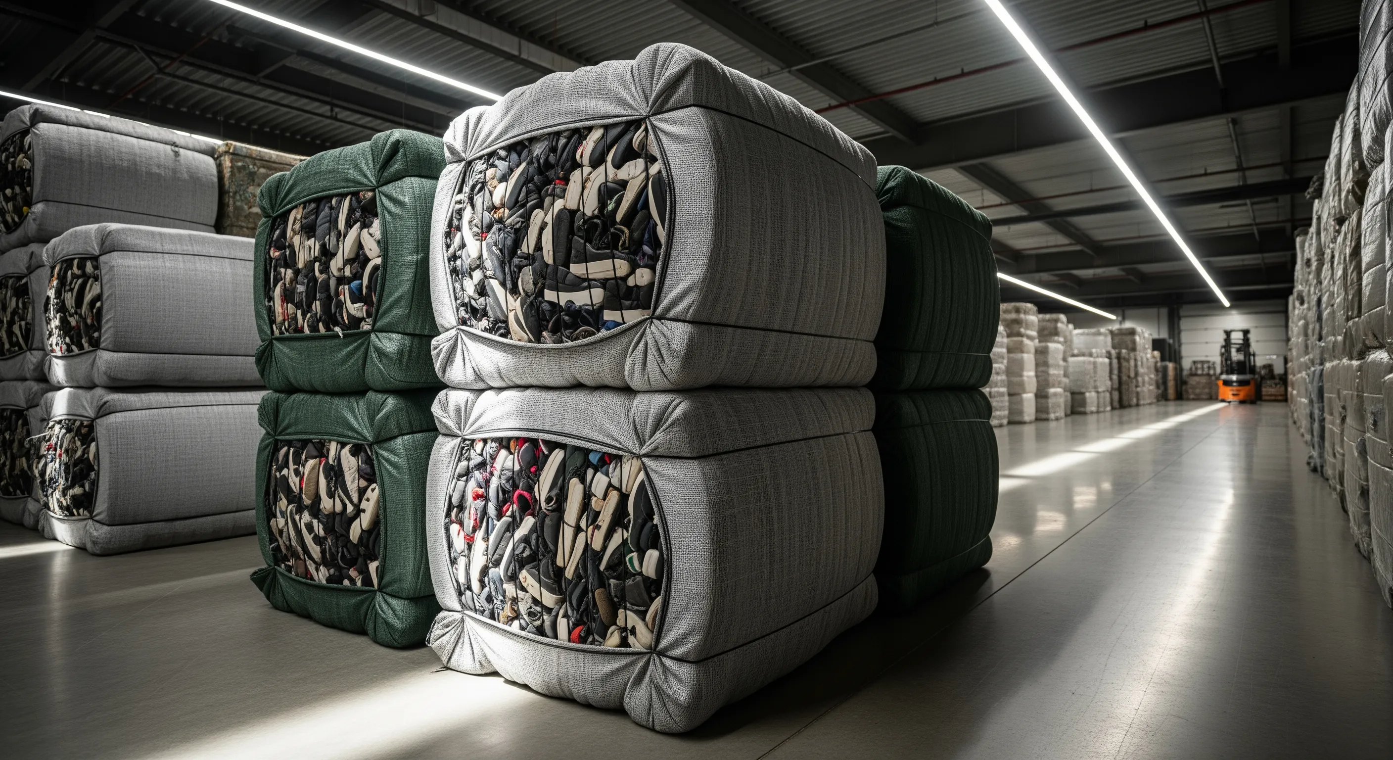 Aisle view of several human-height bales packed with used footwear wrapped in fabric inside a clean warehouse for wholesale used shoes stock