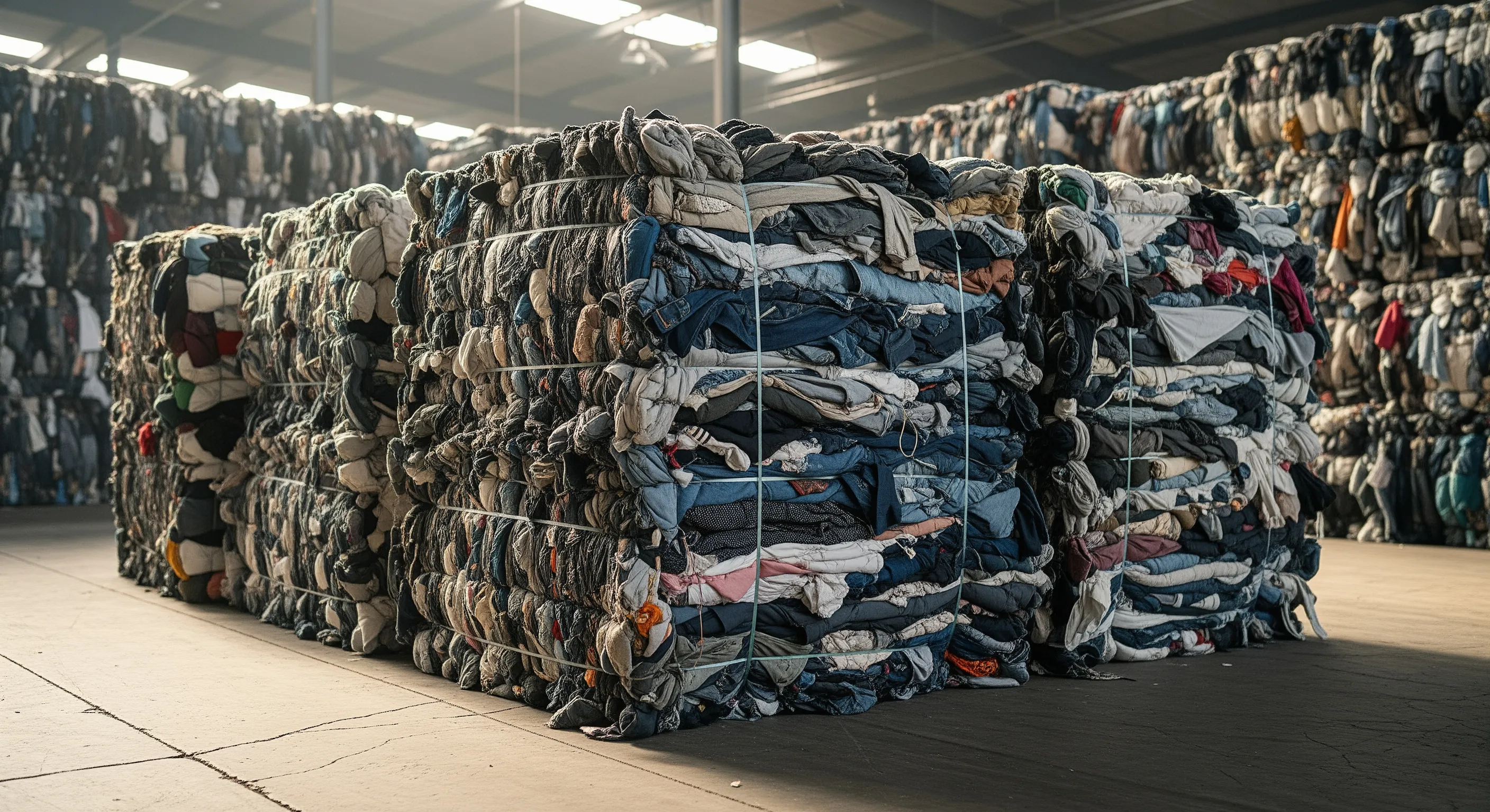 Several large compressed bales of assorted second-hand clothing positioned on warehouse floor under diffused lighting