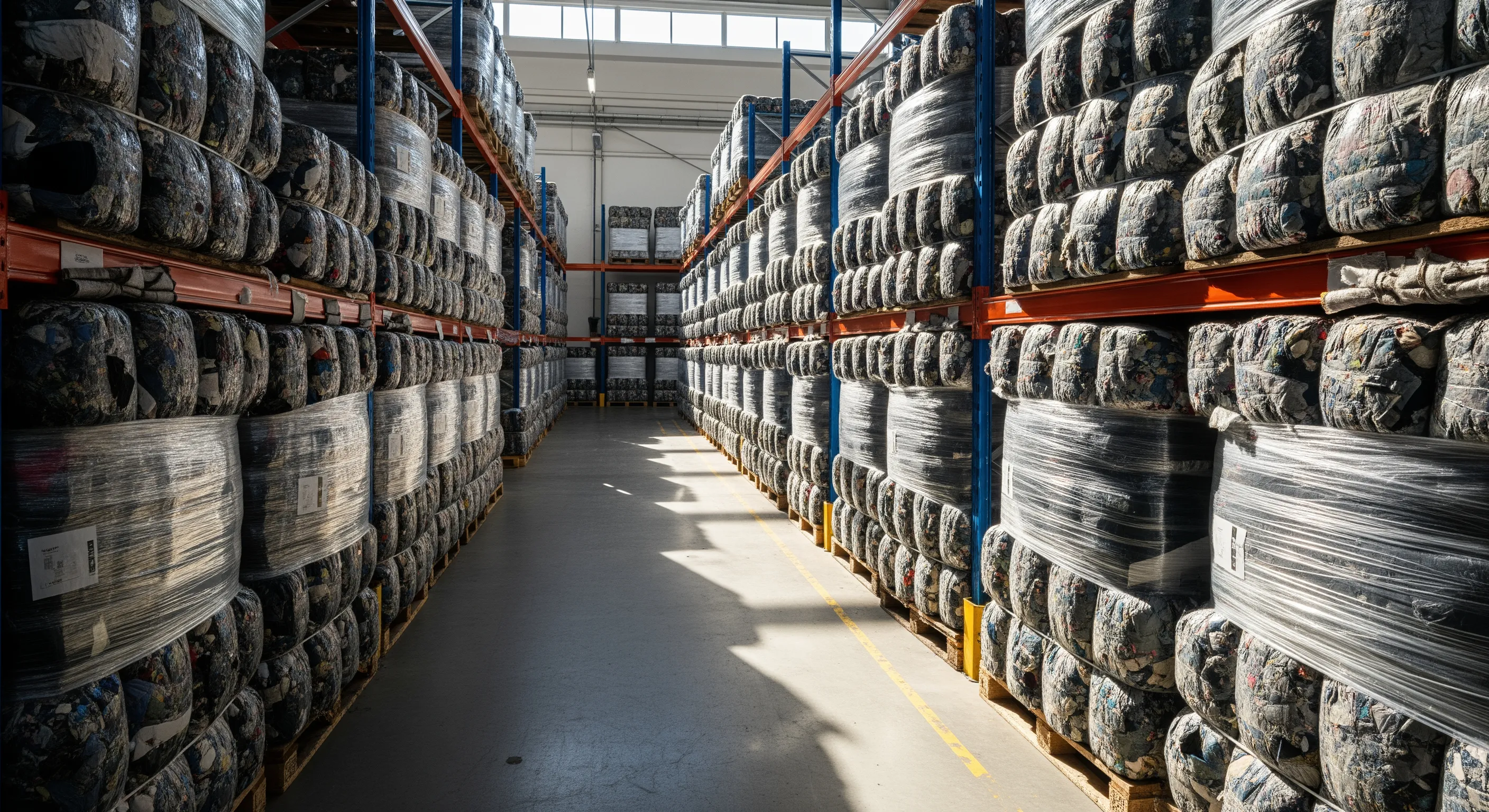Neatly organized rows of large bales of used clothes in a bright industrial warehouse with soft natural light