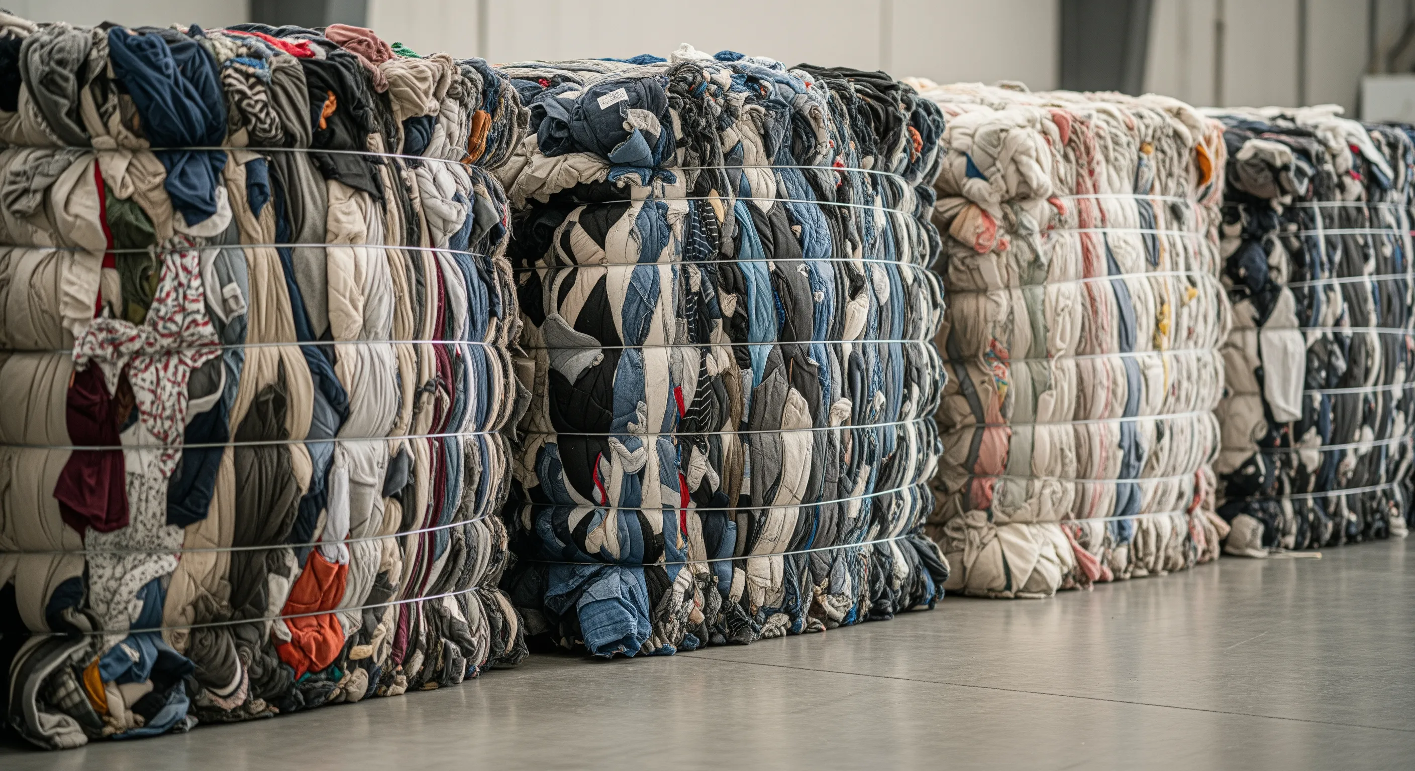 Close stacks of big compressed bales of second-hand clothing on concrete warehouse floor