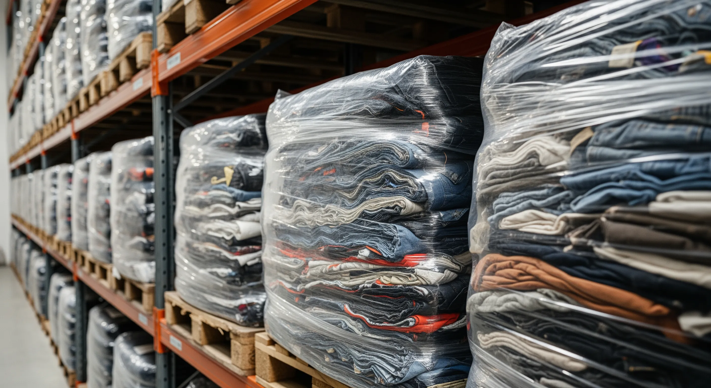 Rows of neatly organized large bales of second hand clothes inside a bright and modern wholesale storage facility