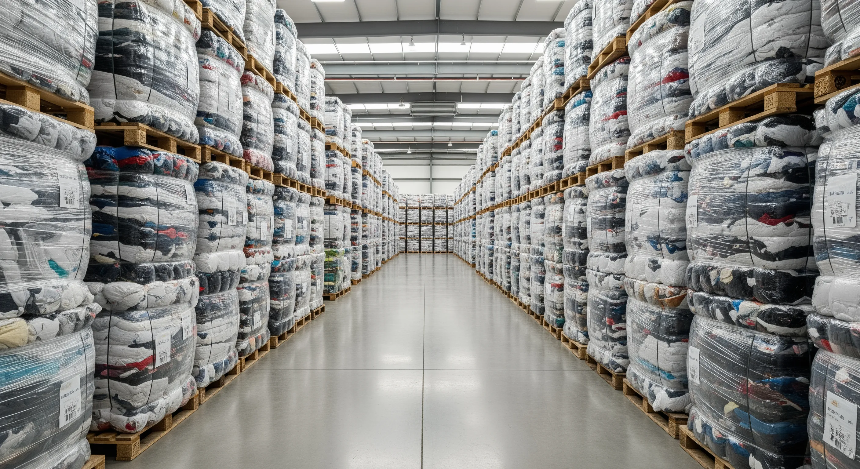 Rows of heavy bales of sorted second hand stock clothing lined up in a clean warehouse aisle ready for export
