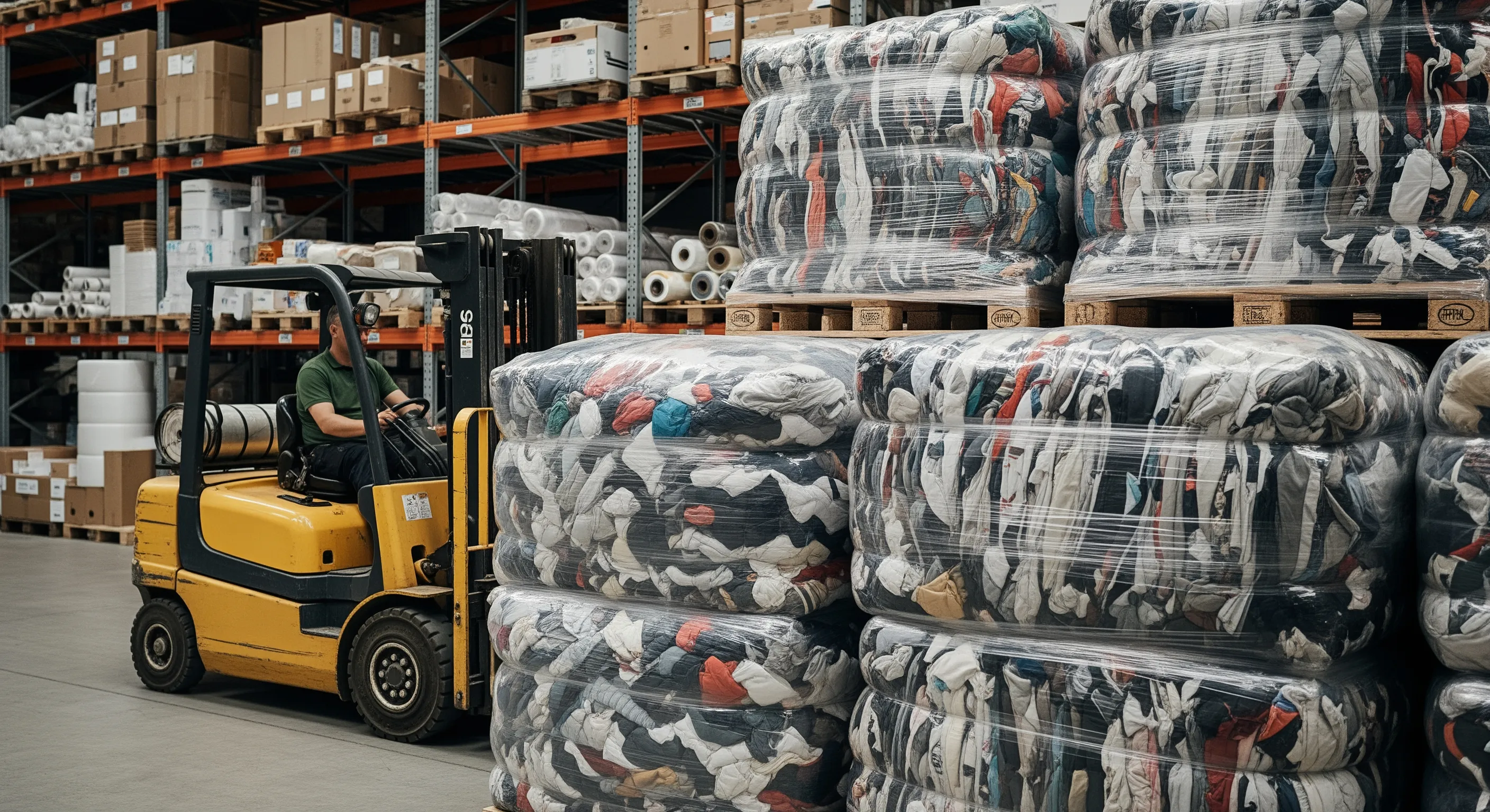 Forklift near large bundles of second-hand clothes in an Italian warehouse showing bulk wholesale scale and logistics equipment.