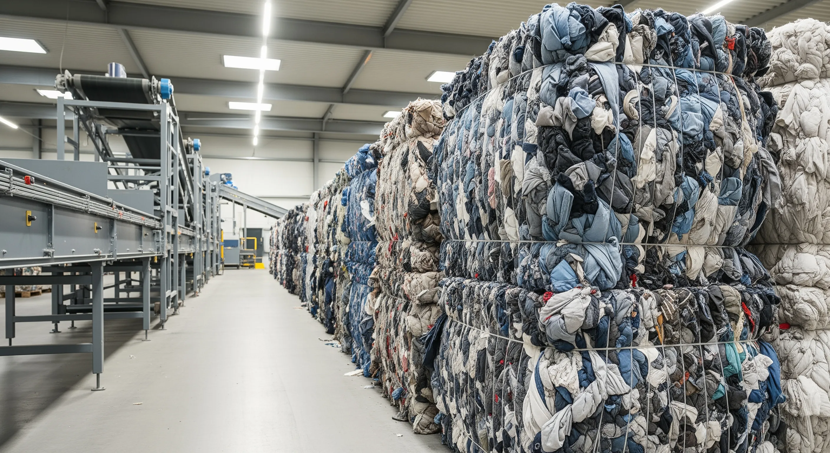 Aisle view of compressed bales of used clothing lined up in a clean European warehouse with conveyor equipment