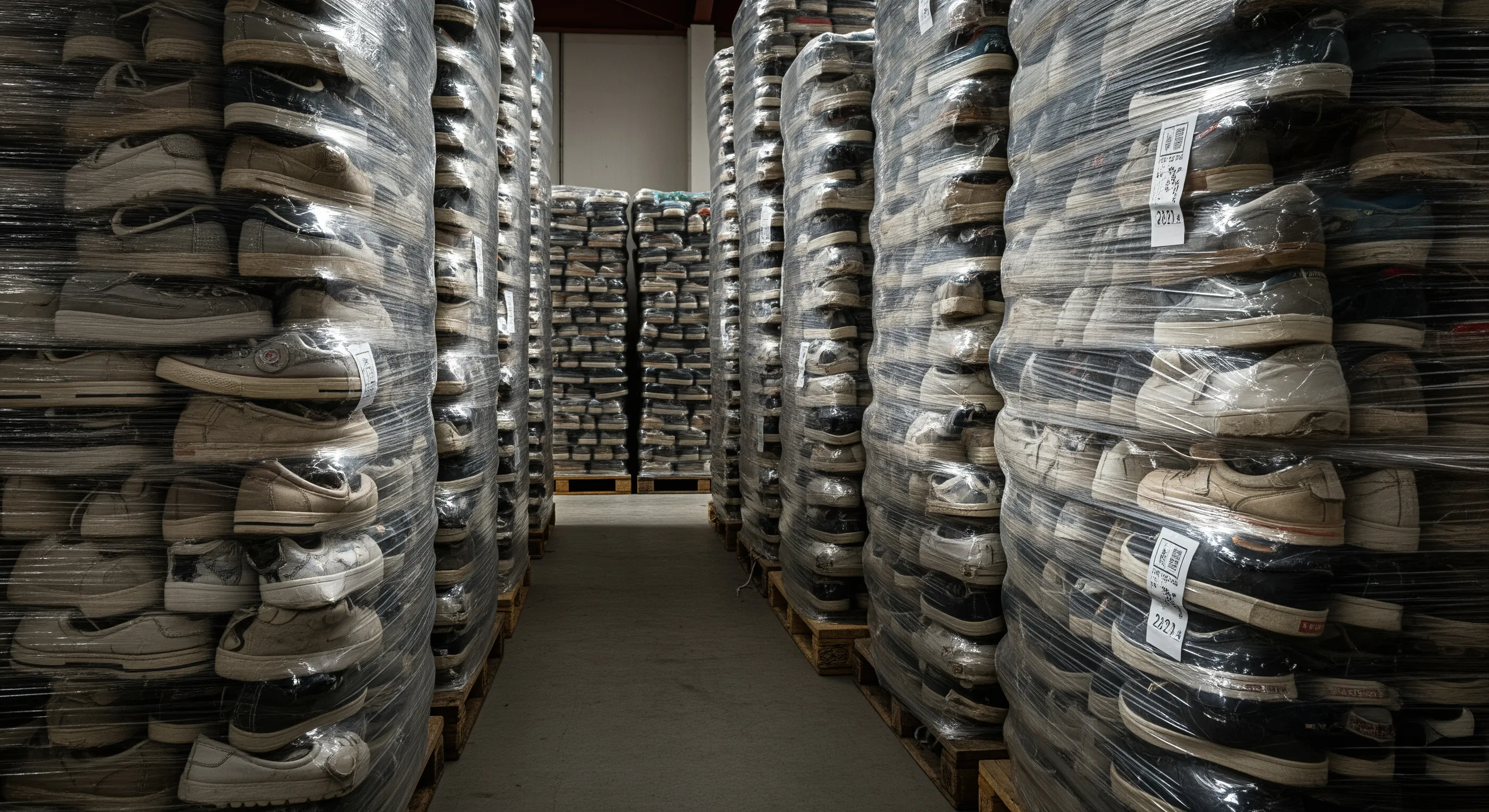 Aisle view of several human-height bales tightly packed with second hand shoes in a clean warehouse