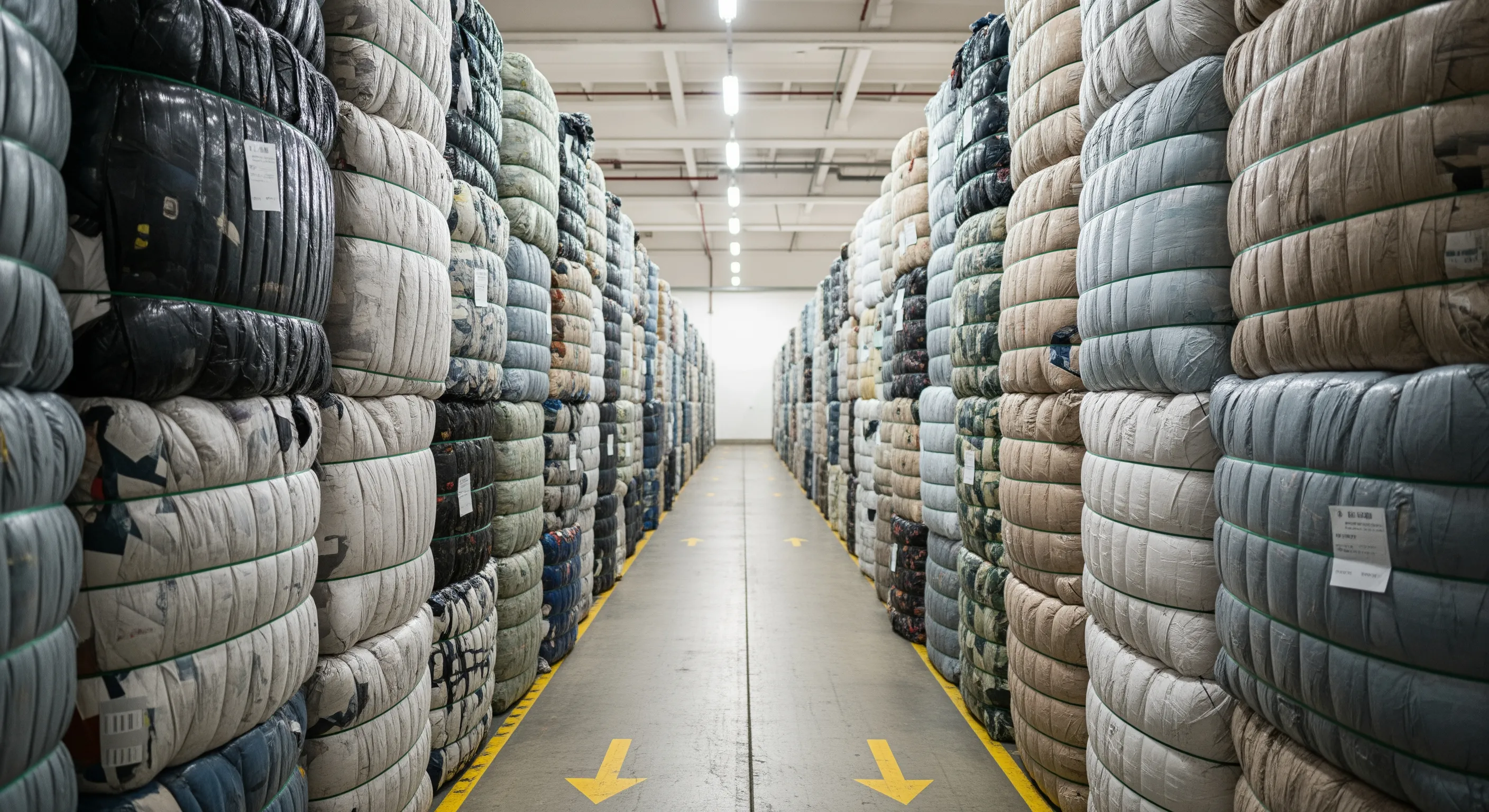 Rows of human-height bales containing bulk second-hand clothing wrapped in protective covers inside a clean storage warehouse