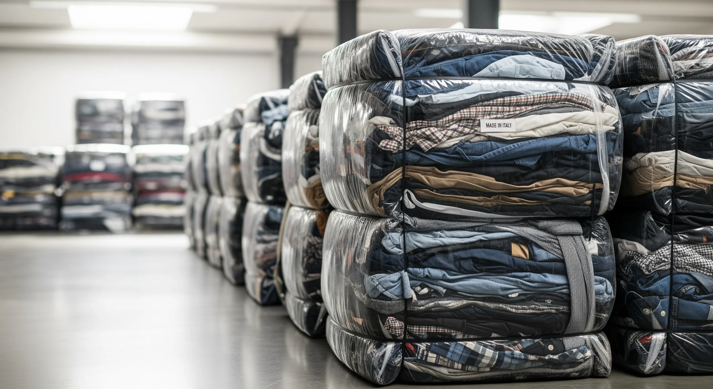 Neatly arranged tall bales of compressed pre-owned garments wrapped and strapped in an industrial warehouse ready for wholesale export.