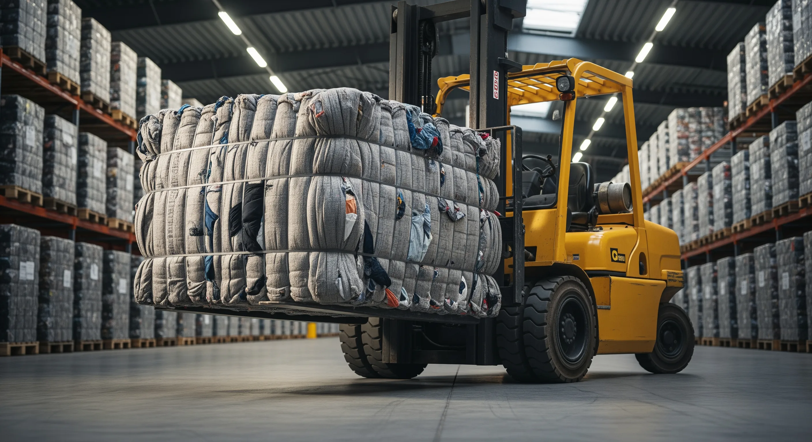 Forklift lifting a massive bale of second-hand clothing in a clean, organized warehouse environment