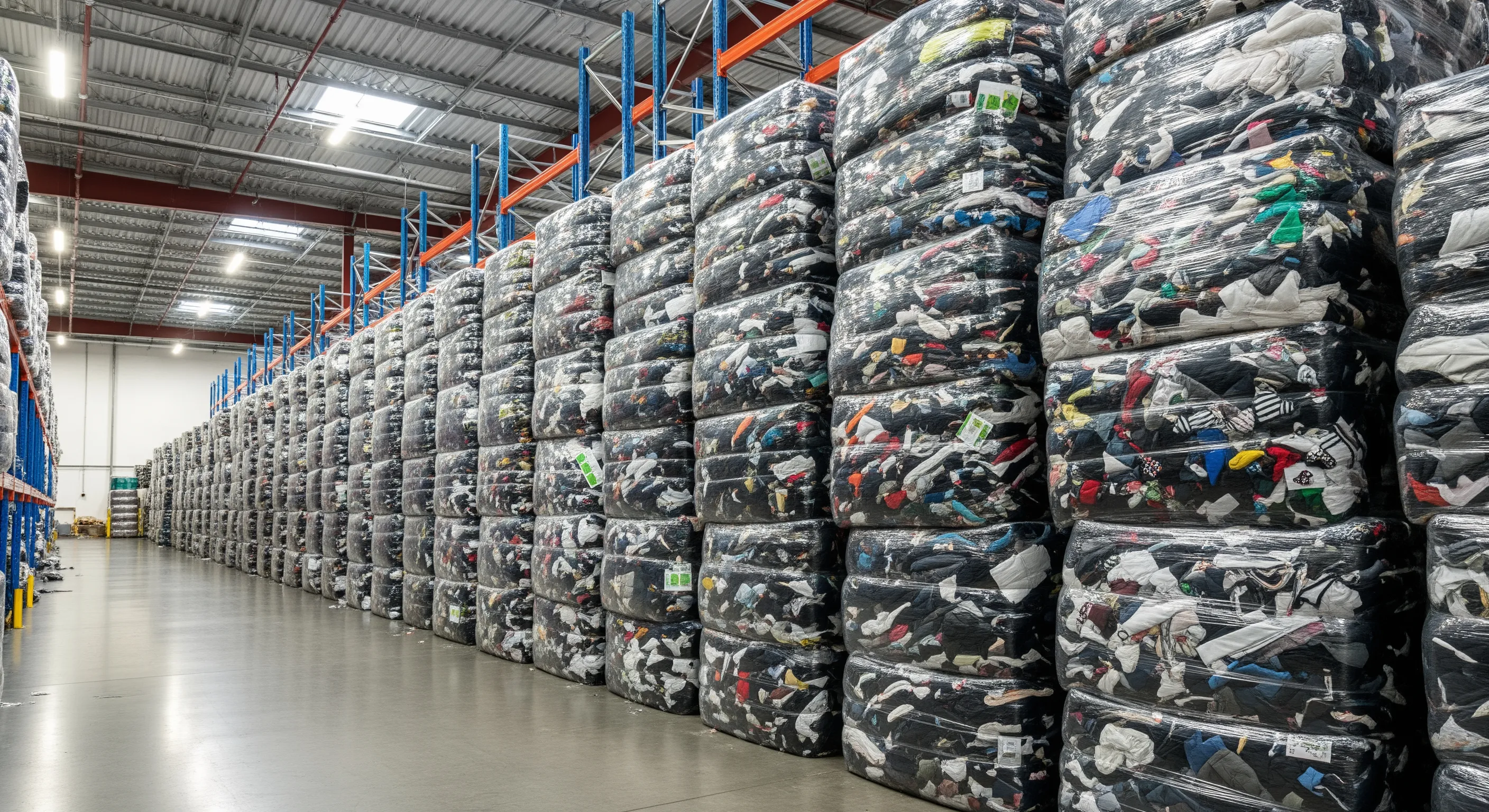 Row of compressed bales filled with wholesale used clothing in a bright, clean industrial warehouse setting emphasizing scale