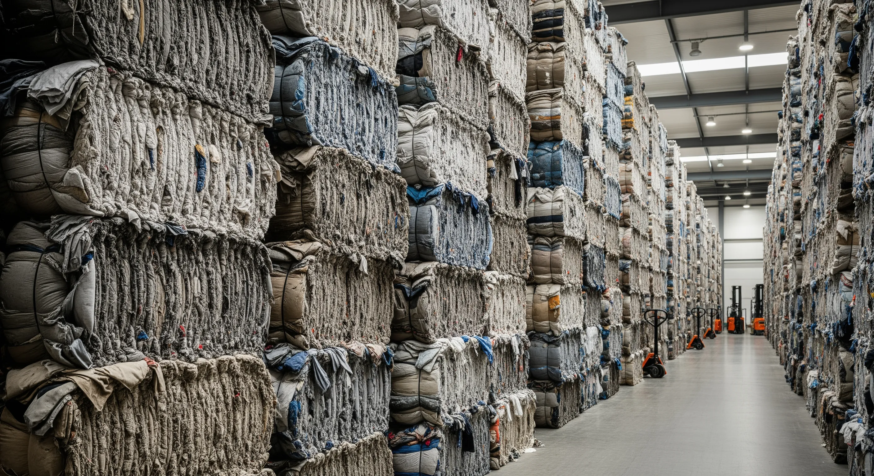 Stacked high bales of compressed second-hand clothing in a spacious warehouse with neutral lighting