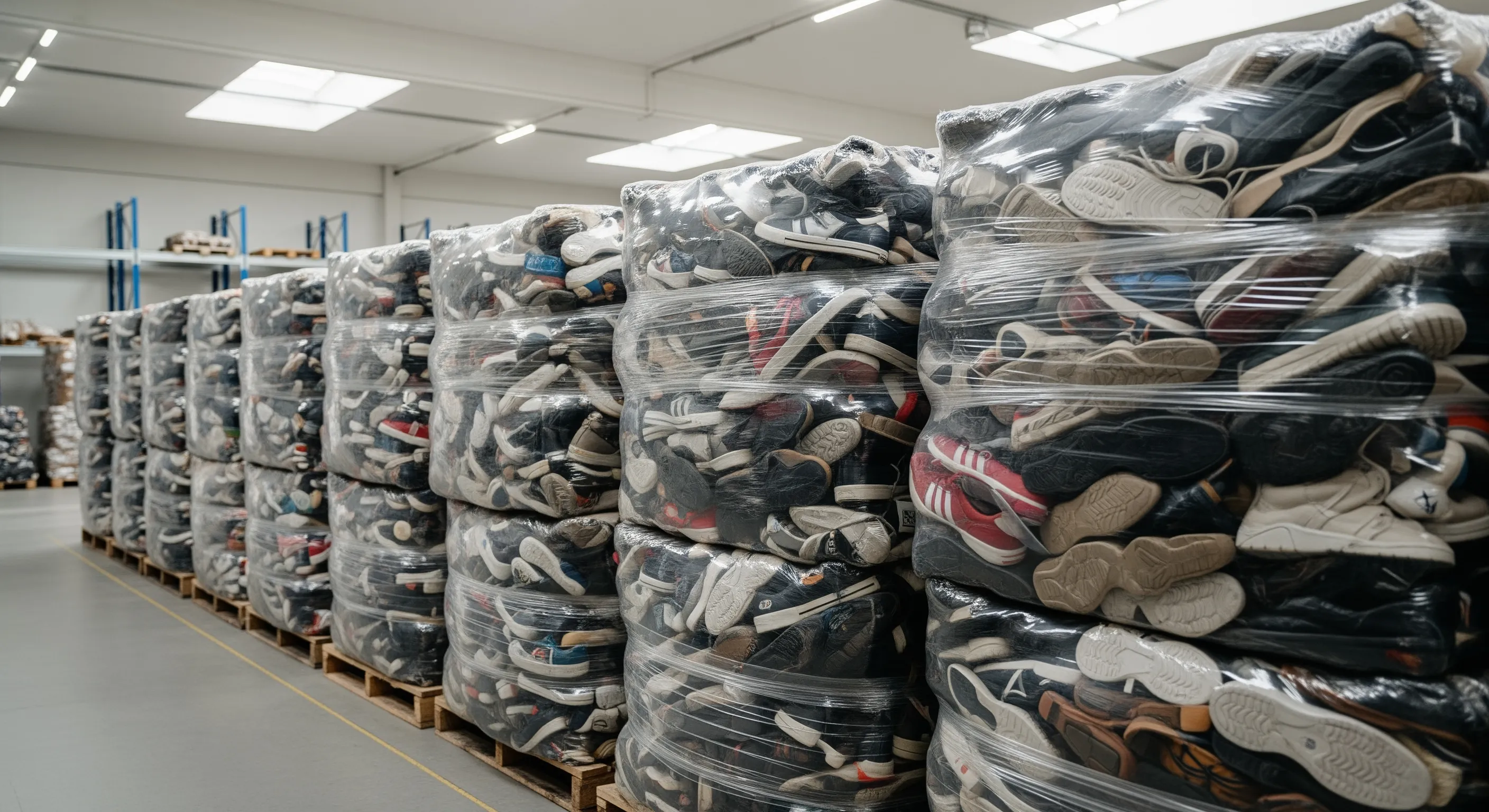 Rows of neatly stacked bales filled with varied second hand footwear inside a well-lit warehouse in Italy