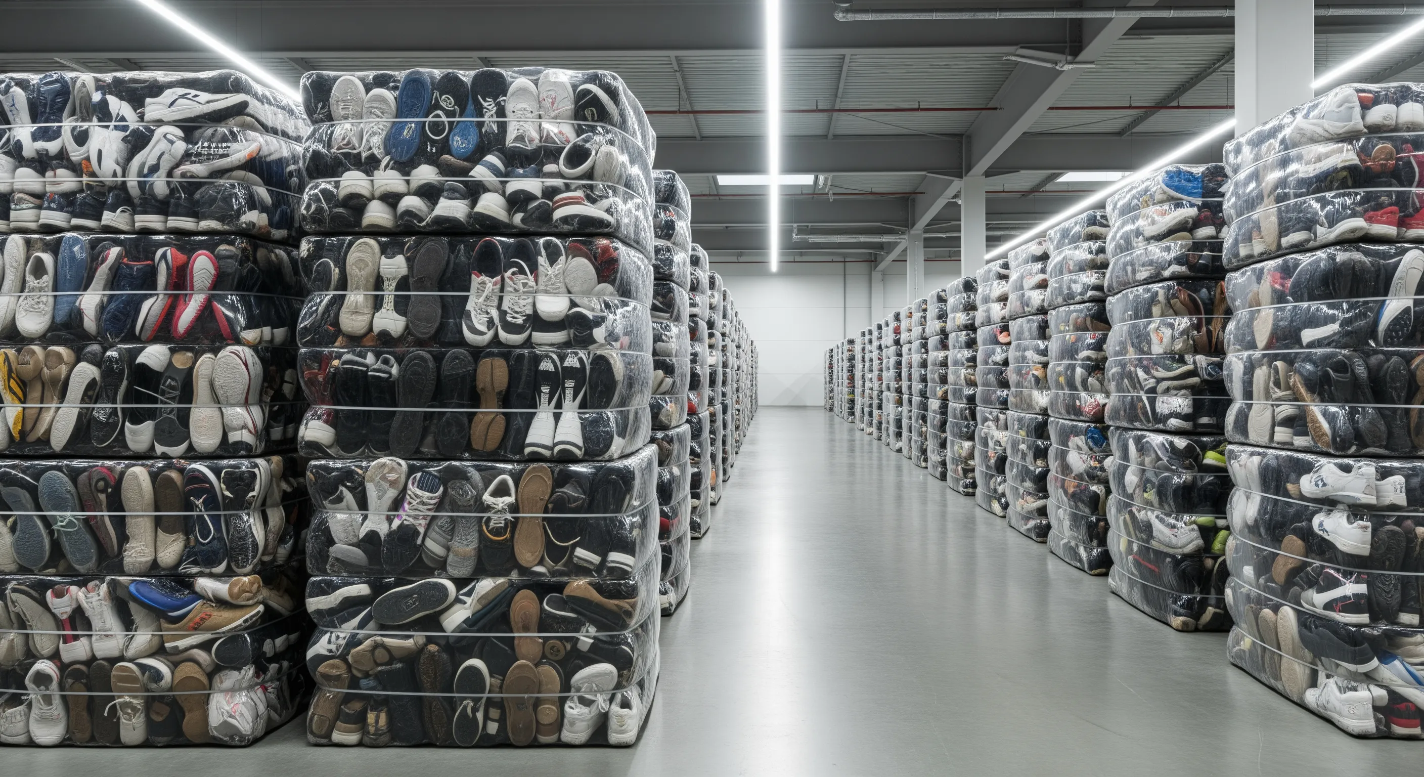 Rows of transparent-wrapped bales packed with assorted second-hand shoes inside a bright warehouse