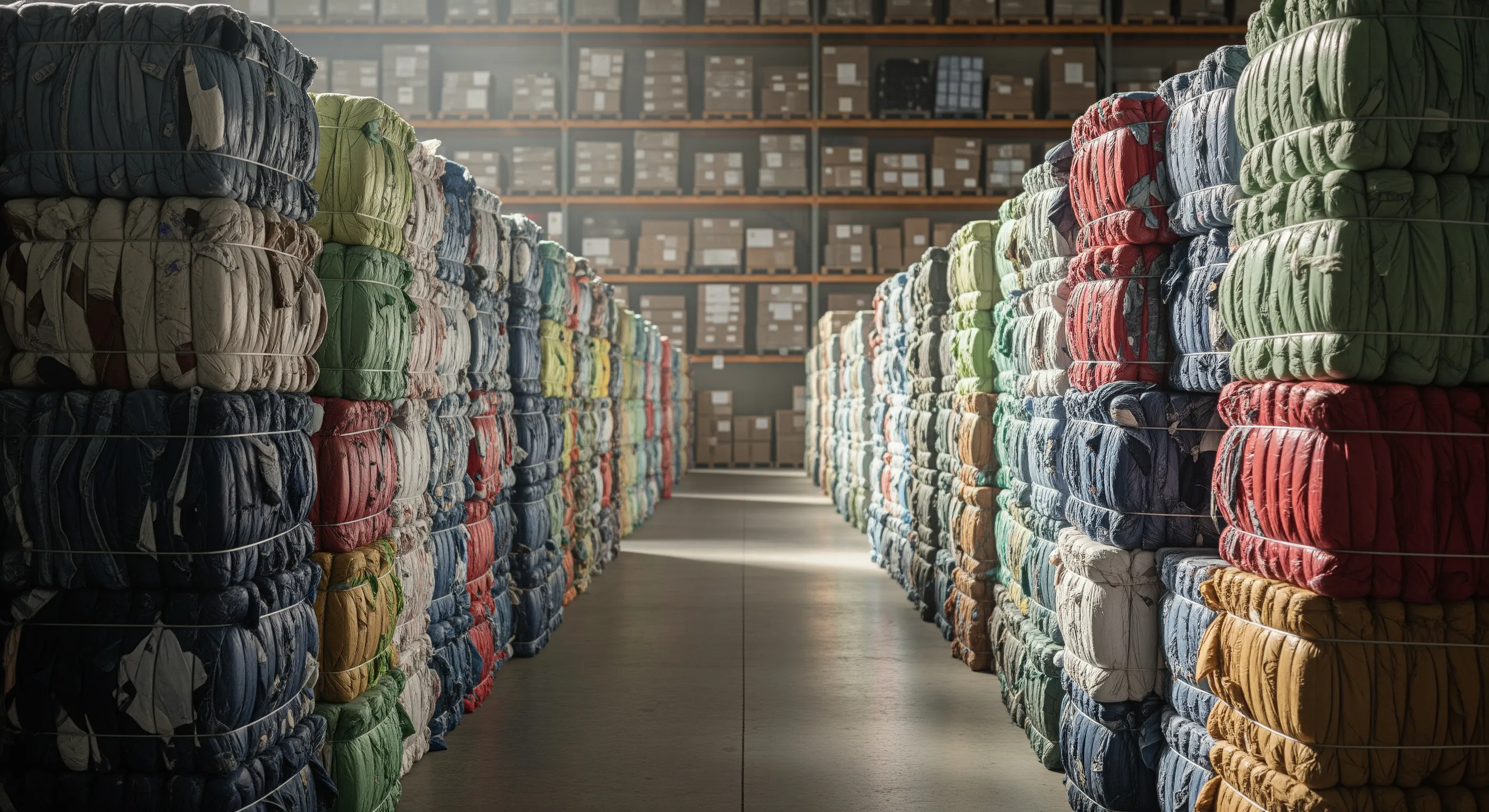 Rows of large human-height bales of second-hand clothing compressed and wrapped, set inside a clean logistics warehouse in Italy for bulk export.