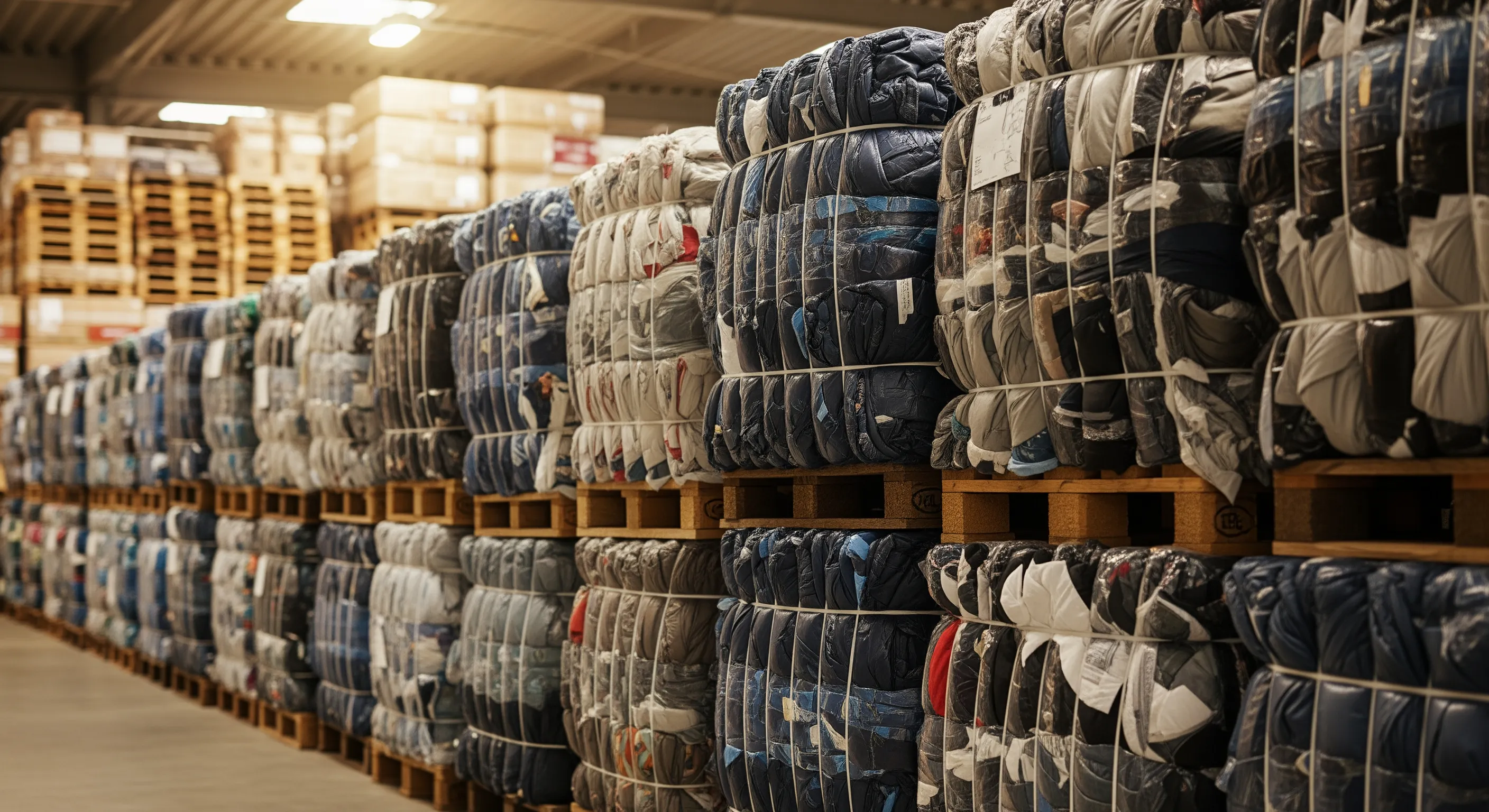 Mid shot of uniform tall stacks of tightly wrapped bales of used clothing on wooden pallets in a clean warehouse environment