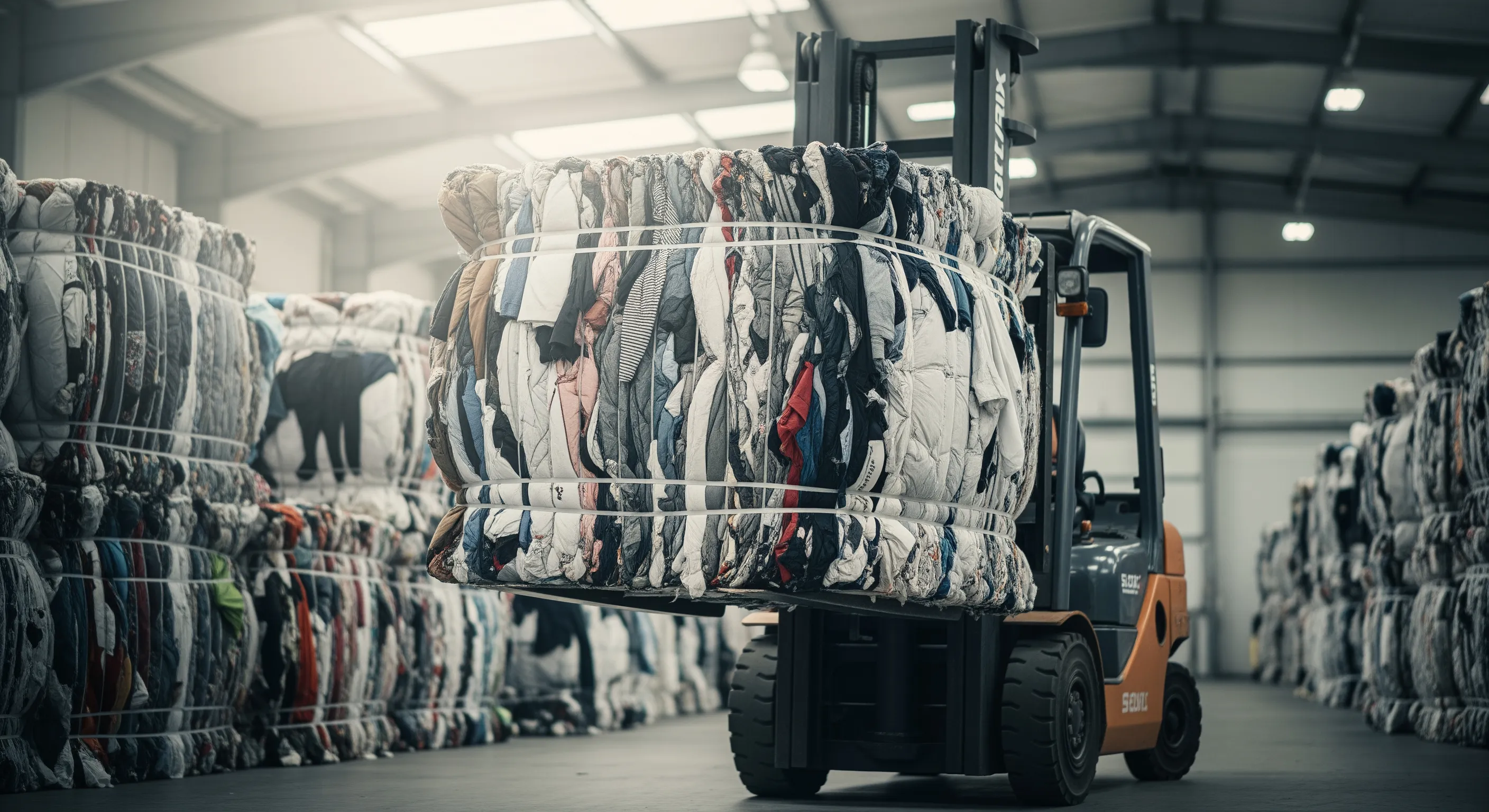 Forklift lifting a large tightly bound bale of second-hand clothing inside a clean warehouse environment