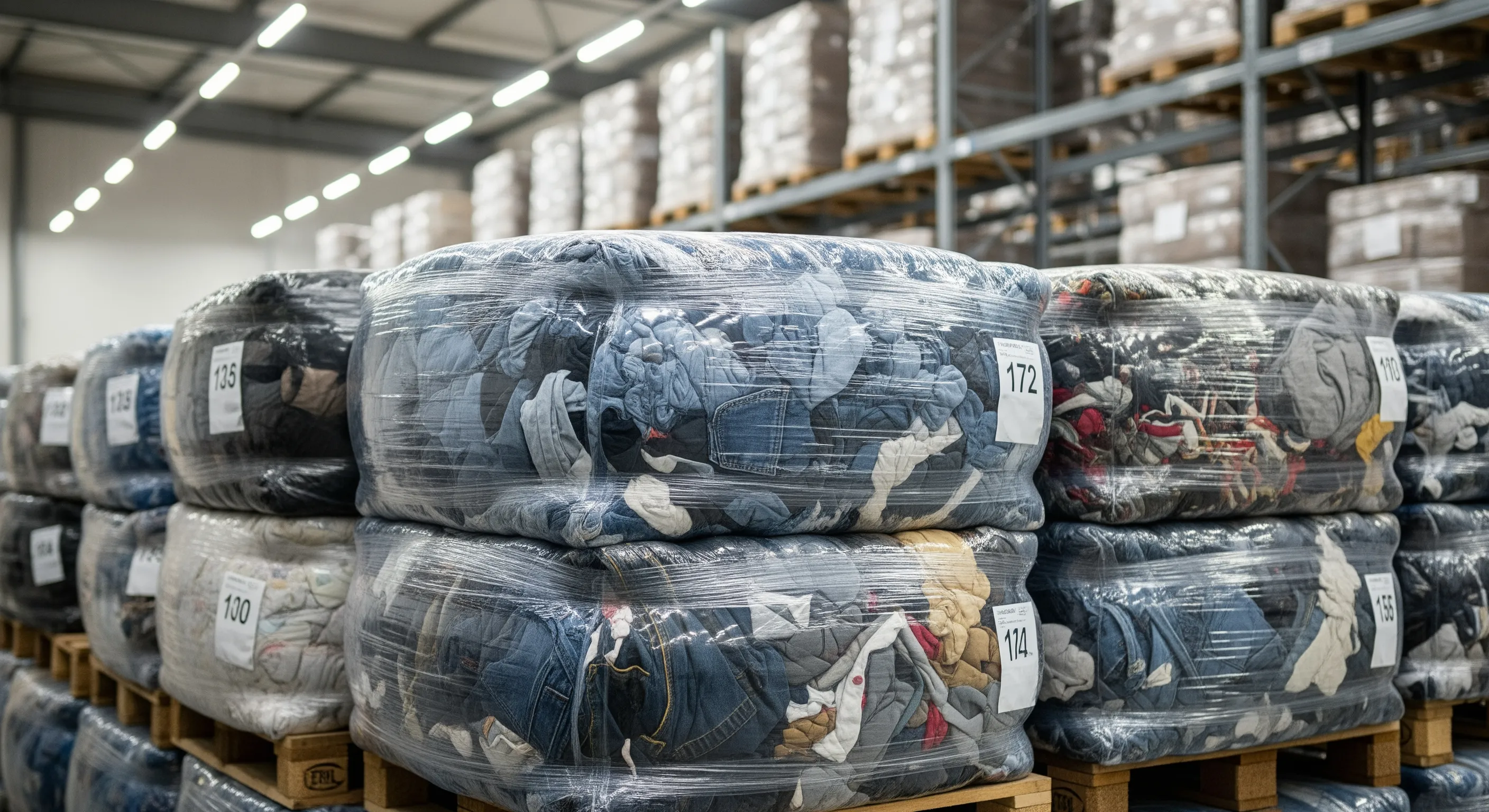 Close view of tightly compressed rectangular bales of used clothing in a clean, well-lit warehouse aisle